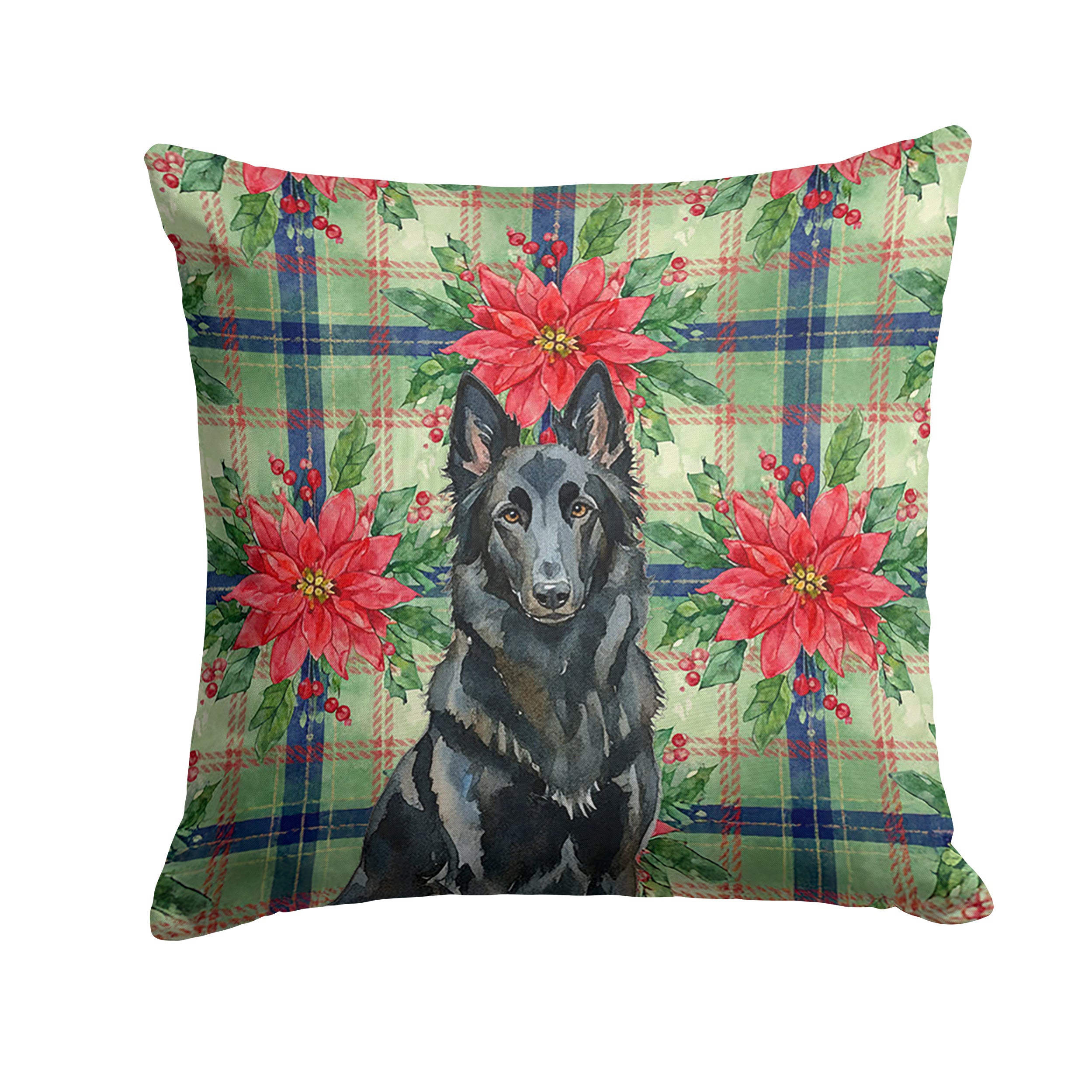 Belgian Sheepdog Groenendael Christmas PoinsettIas Decorative Throw Pillow 18x18 Indoor Outdoor Accent Cushion, Fabric Cover with Insert for Sofa, Bed, Porch & Living Room