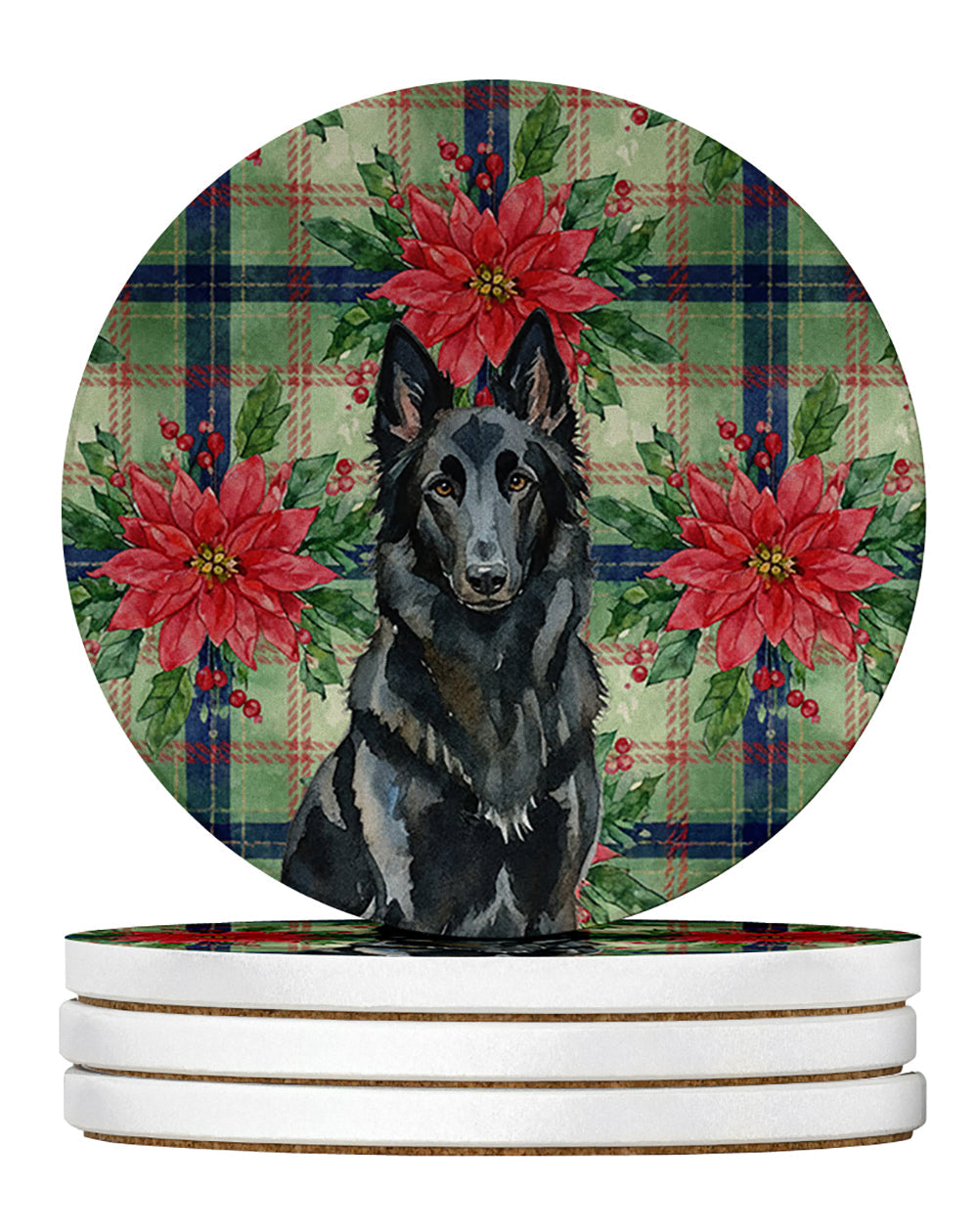 Belgian Sheepdog Groenendael Christmas PoinsettIas Large Sandstone Coasters Pack of 4 Absorbent Round Coasters Decor Gifts for Men or Women, 4 in, Multicolor