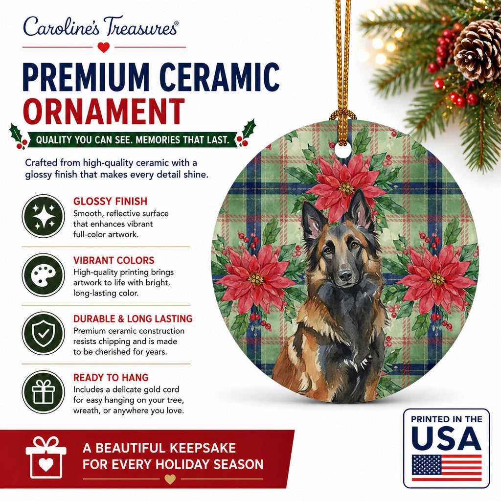 Belgian Tervuren Christmas PoinsettIas Ceramic Ornament Christmas Tree Hanging Decorations for Home Christmas Holiday, Party, Gift, 3 in, Multicolor