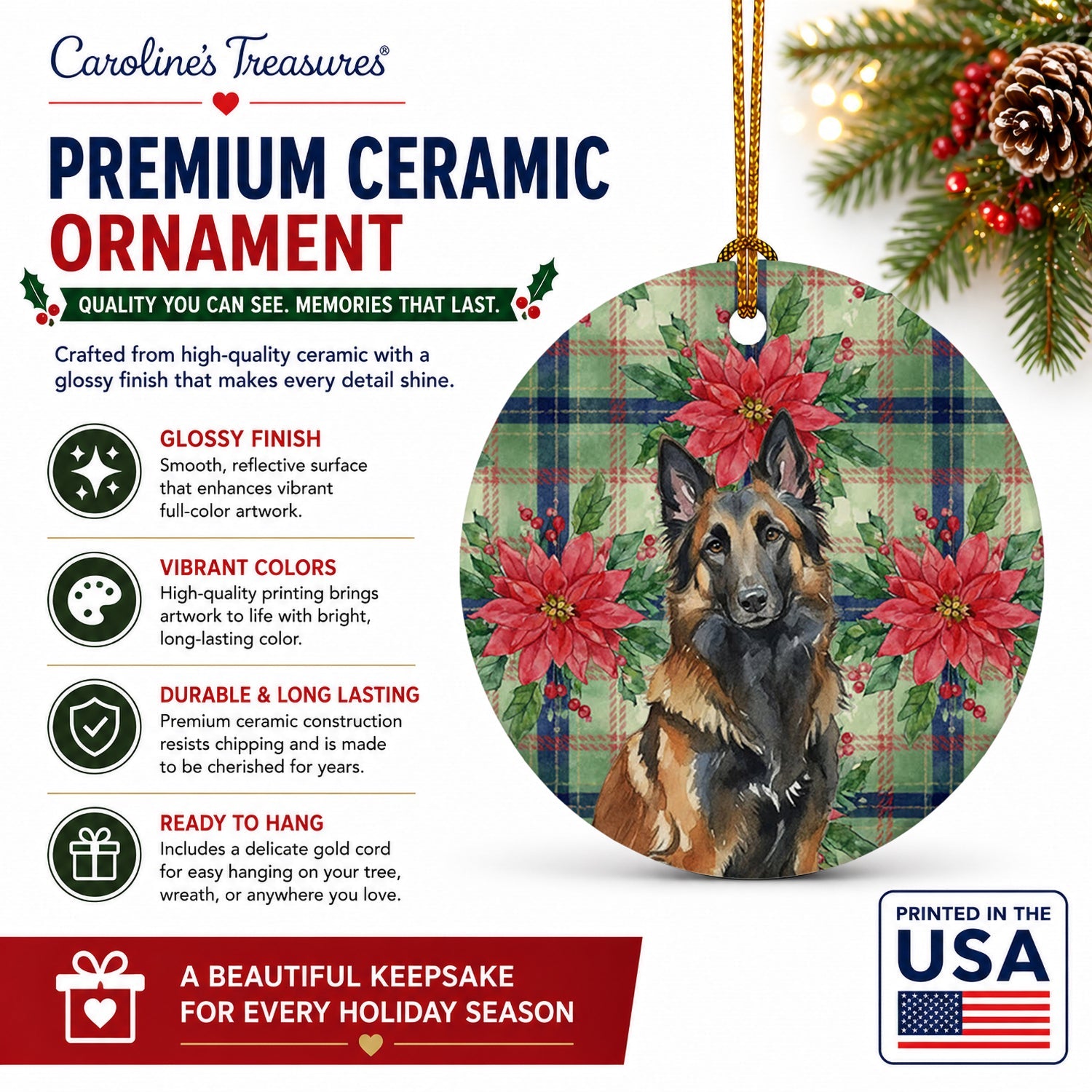 Belgian Tervuren Christmas PoinsettIas Ceramic Ornament Christmas Tree Hanging Decorations for Home Christmas Holiday, Party, Gift, 3 in, Multicolor
