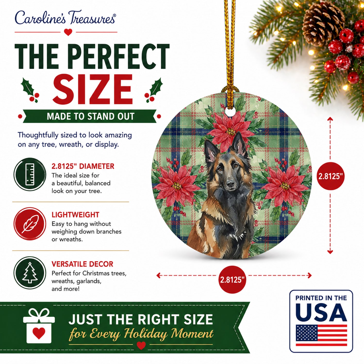 Belgian Tervuren Christmas PoinsettIas Ceramic Ornament Christmas Tree Hanging Decorations for Home Christmas Holiday, Party, Gift, 3 in, Multicolor