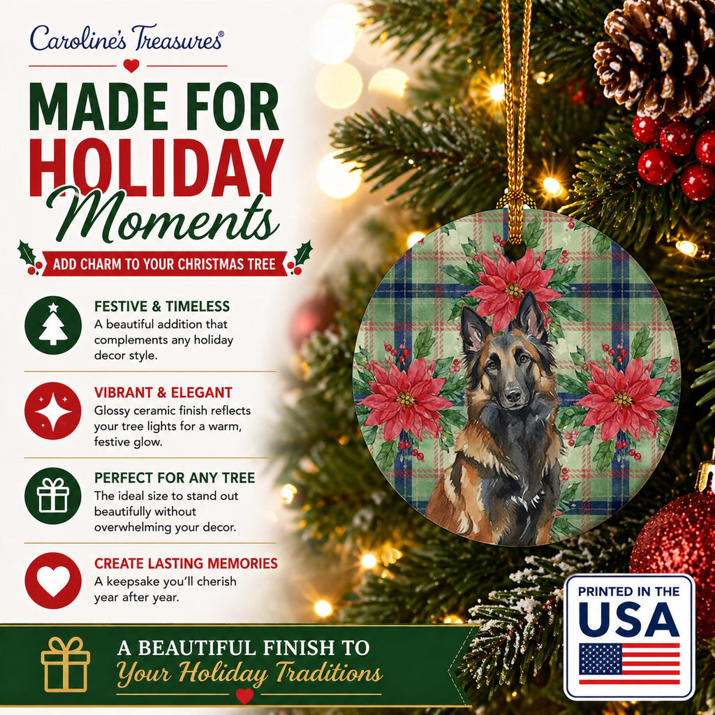 Belgian Tervuren Christmas PoinsettIas Ceramic Ornament Christmas Tree Hanging Decorations for Home Christmas Holiday, Party, Gift, 3 in, Multicolor