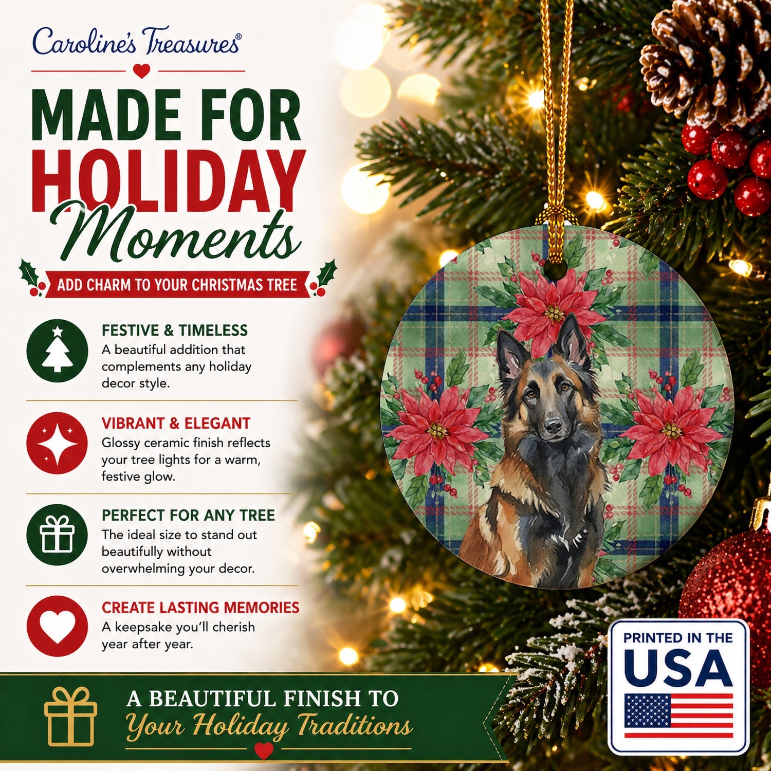 Belgian Tervuren Christmas PoinsettIas Ceramic Ornament Christmas Tree Hanging Decorations for Home Christmas Holiday, Party, Gift, 3 in, Multicolor