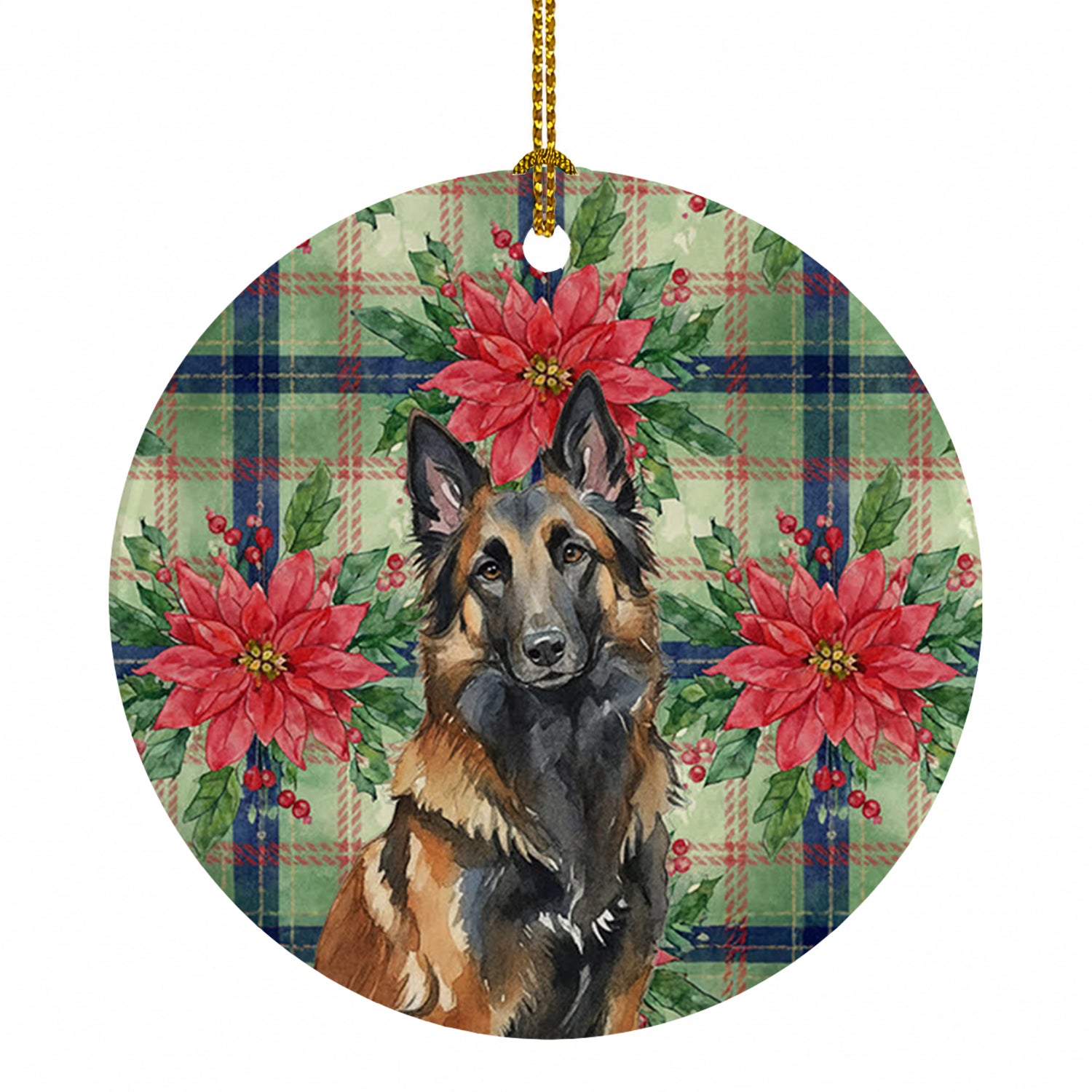 Belgian Tervuren Christmas PoinsettIas Ceramic Ornament Christmas Tree Hanging Decorations for Home Christmas Holiday, Party, Gift, 3 in, Multicolor
