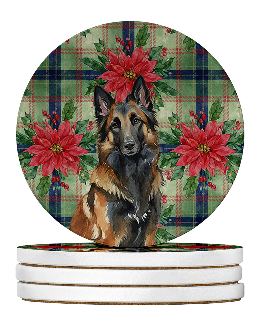 Belgian Tervuren Christmas PoinsettIas Large Sandstone Coasters Pack of 4 Absorbent Round Coasters Decor Gifts for Men or Women, 4 in, Multicolor
