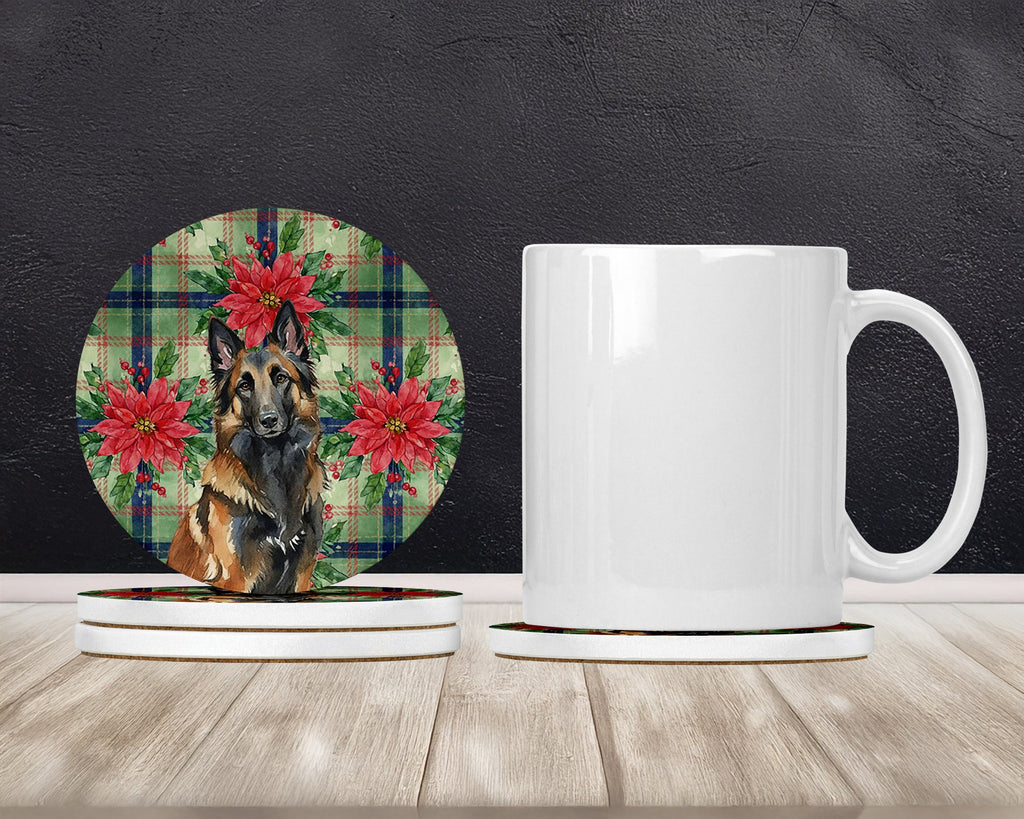 Belgian Tervuren Christmas PoinsettIas Large Sandstone Coasters Pack of 4 Absorbent Round Coasters Decor Gifts for Men or Women, 4 in, Multicolor