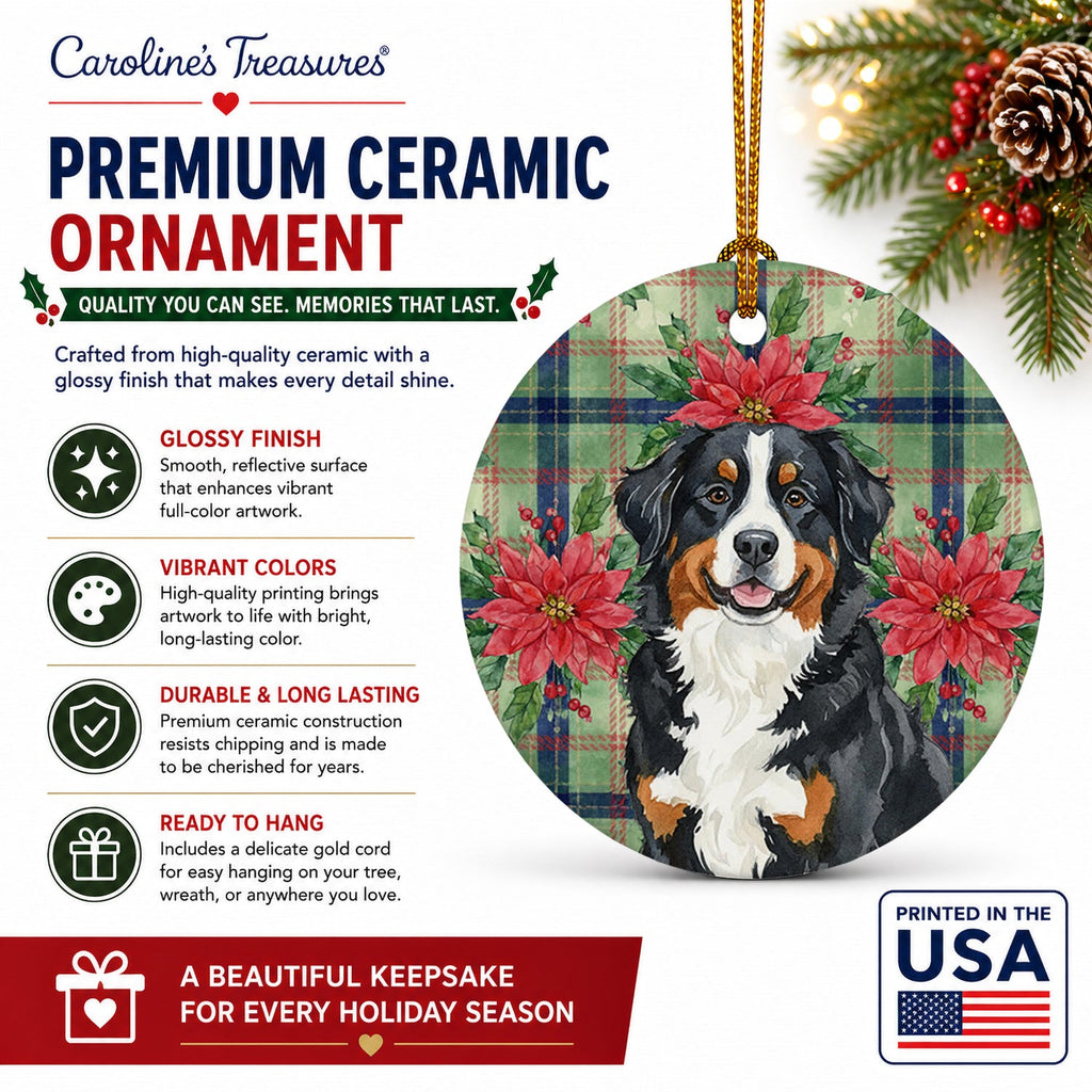 Bernese Mountain Dog Christmas PoinsettIas Ceramic Ornament Christmas Tree Hanging Decorations for Home Christmas Holiday, Party, Gift, 3 in, Multicolor
