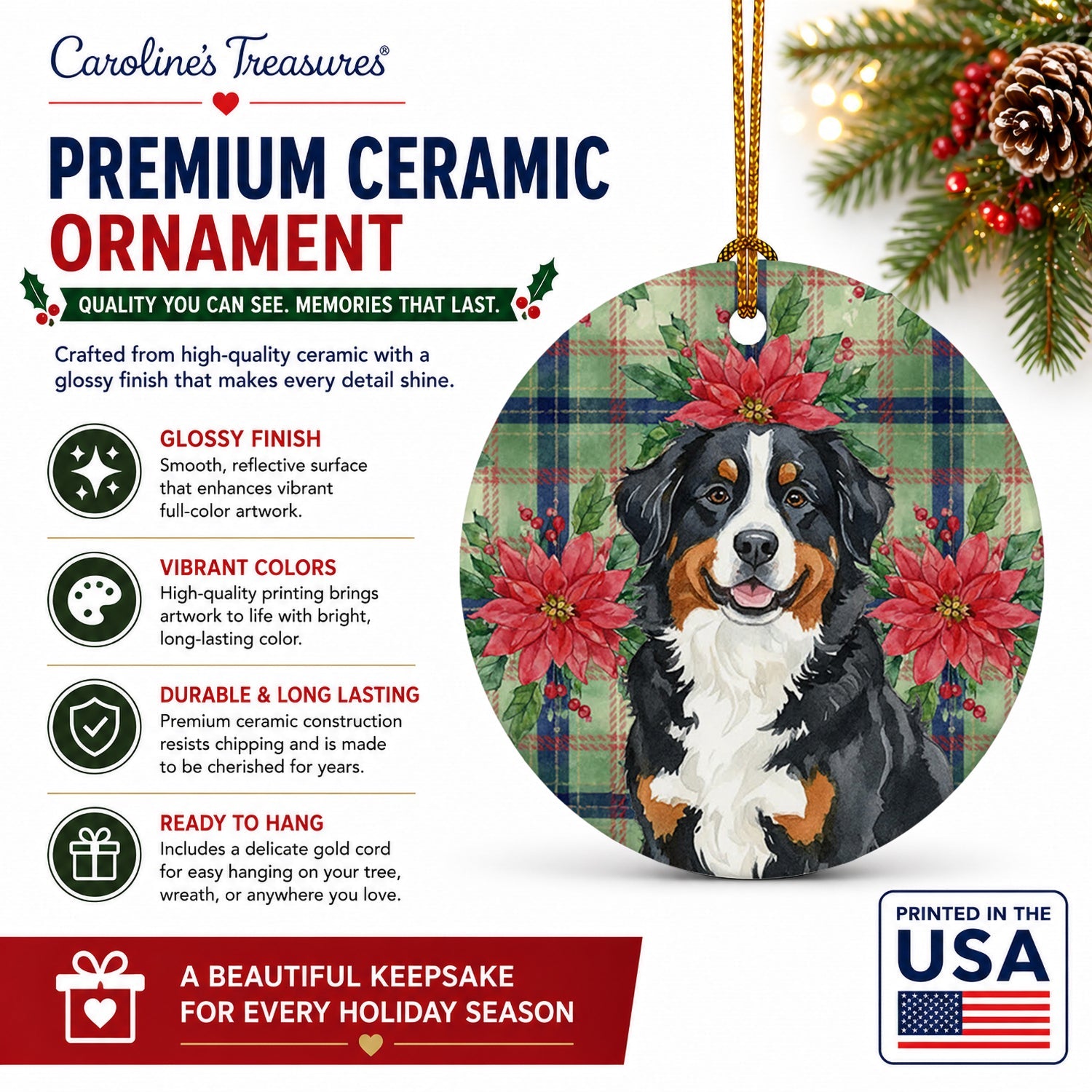 Bernese Mountain Dog Christmas PoinsettIas Ceramic Ornament Christmas Tree Hanging Decorations for Home Christmas Holiday, Party, Gift, 3 in, Multicolor