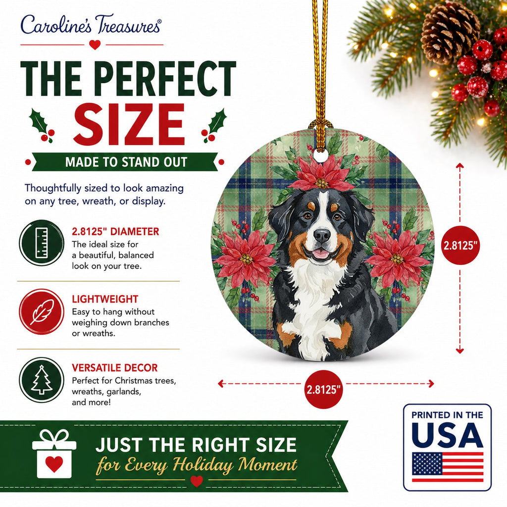 Bernese Mountain Dog Christmas PoinsettIas Ceramic Ornament Christmas Tree Hanging Decorations for Home Christmas Holiday, Party, Gift, 3 in, Multicolor