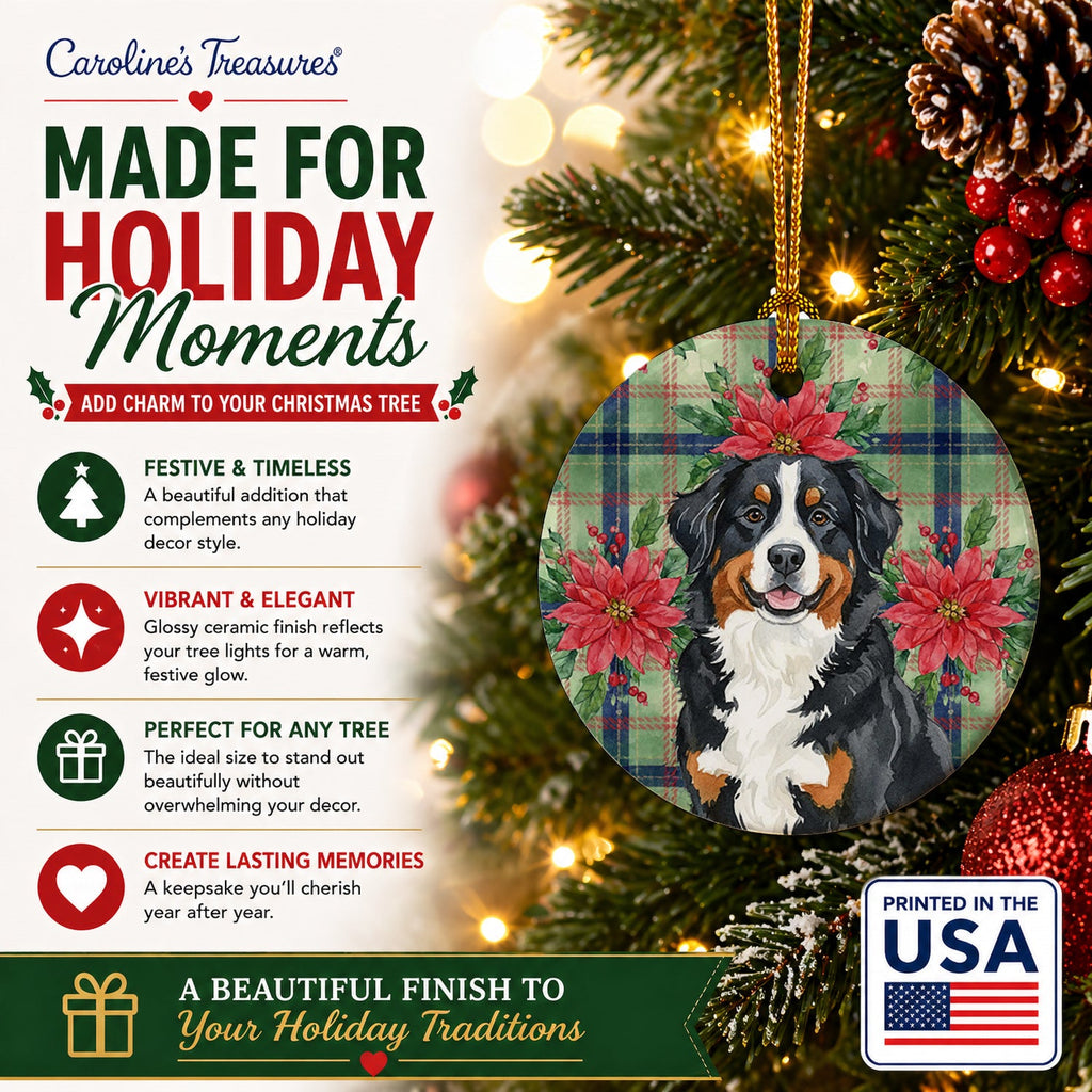 Bernese Mountain Dog Christmas PoinsettIas Ceramic Ornament Christmas Tree Hanging Decorations for Home Christmas Holiday, Party, Gift, 3 in, Multicolor