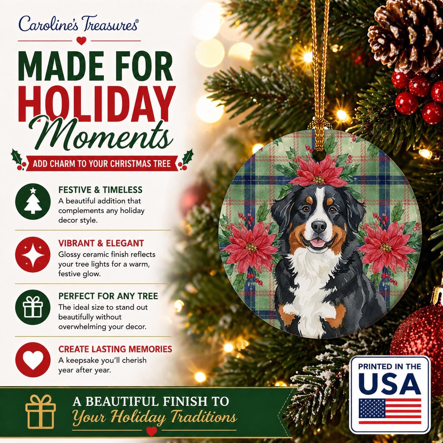 Bernese Mountain Dog Christmas PoinsettIas Ceramic Ornament Christmas Tree Hanging Decorations for Home Christmas Holiday, Party, Gift, 3 in, Multicolor