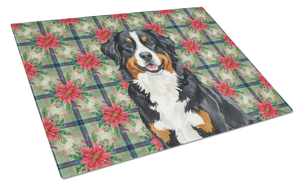 Bernese Mountain Dog Christmas PoinsettIas Cutting Board Tempered Glass Kitchen Cutting Surface, Heat Resistant Chopping, Non-Slip Feet, Food Prep & Serving
