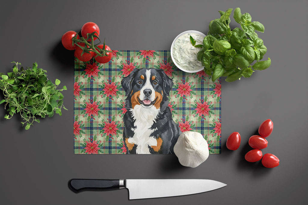 Bernese Mountain Dog Christmas PoinsettIas Cutting Board Tempered Glass Kitchen Cutting Surface, Heat Resistant Chopping, Non-Slip Feet, Food Prep & Serving