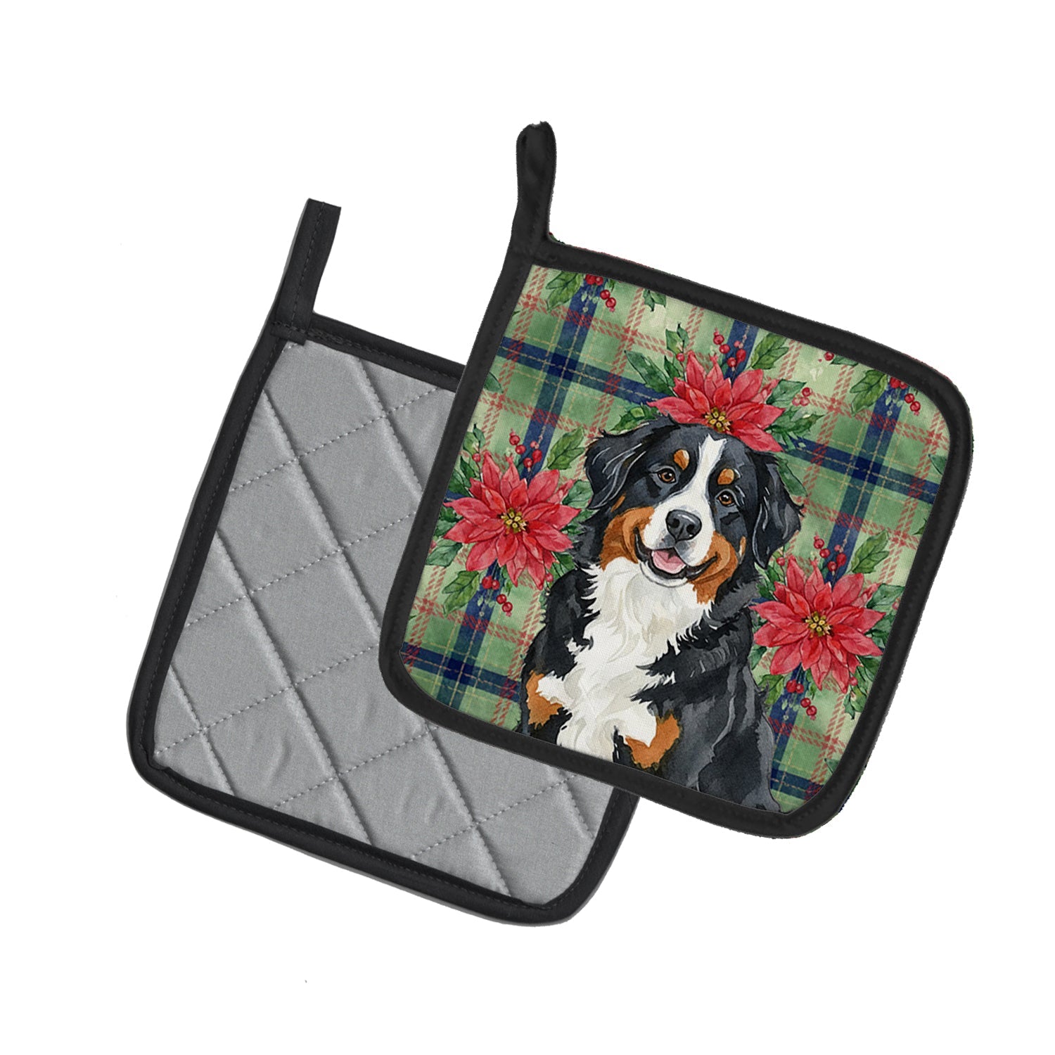 Bernese Mountain Dog Christmas PoinsettIas Pot Holder Set of 2 Heat Resistant Quilted Hot Pads 7.5 x 7.5 Inch, Insulated Kitchen Trivets for Cooking & Baking