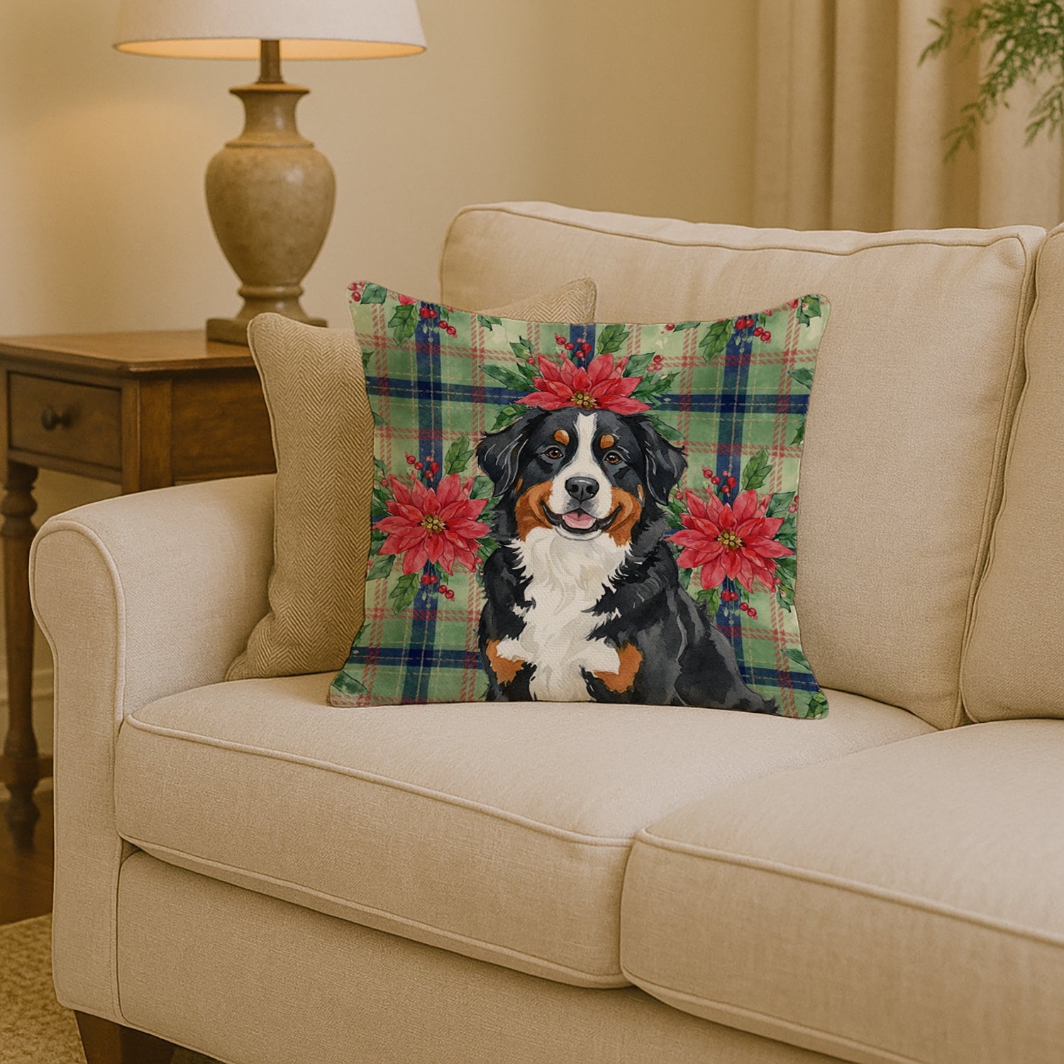 Bernese Mountain Dog Christmas PoinsettIas Decorative Throw Pillow 14x14 Indoor Outdoor Accent Cushion, Fabric Cover with Insert for Sofa, Bed, Porch & Living Room