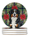 Bernese Mountain Dog Christmas PoinsettIas Large Sandstone Coasters Pack of 4 Absorbent Round Coasters Decor Gifts for Men or Women, 4 in, Multicolor