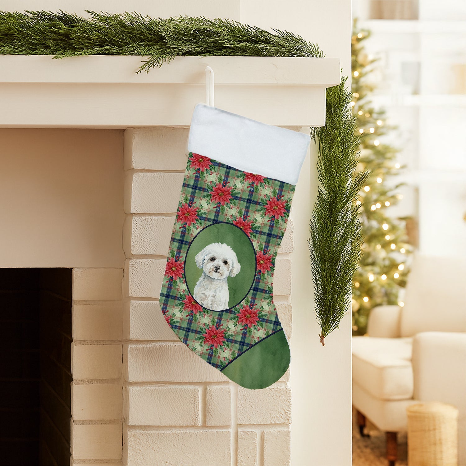 Bichon Frise Christmas PoinsettIas Holiday Stocking Double-Sided Print, Polyester Suede,11x18, Made in USA