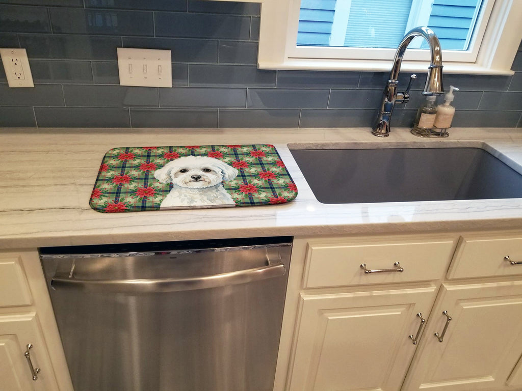 Bichon Frise Christmas PoinsettIas Dish Drying Mat Absorbent Dish Drying Mat Pad for Kitchen Counter Dish Drainer Mat for Countertop, 14 x 21", Multicolor