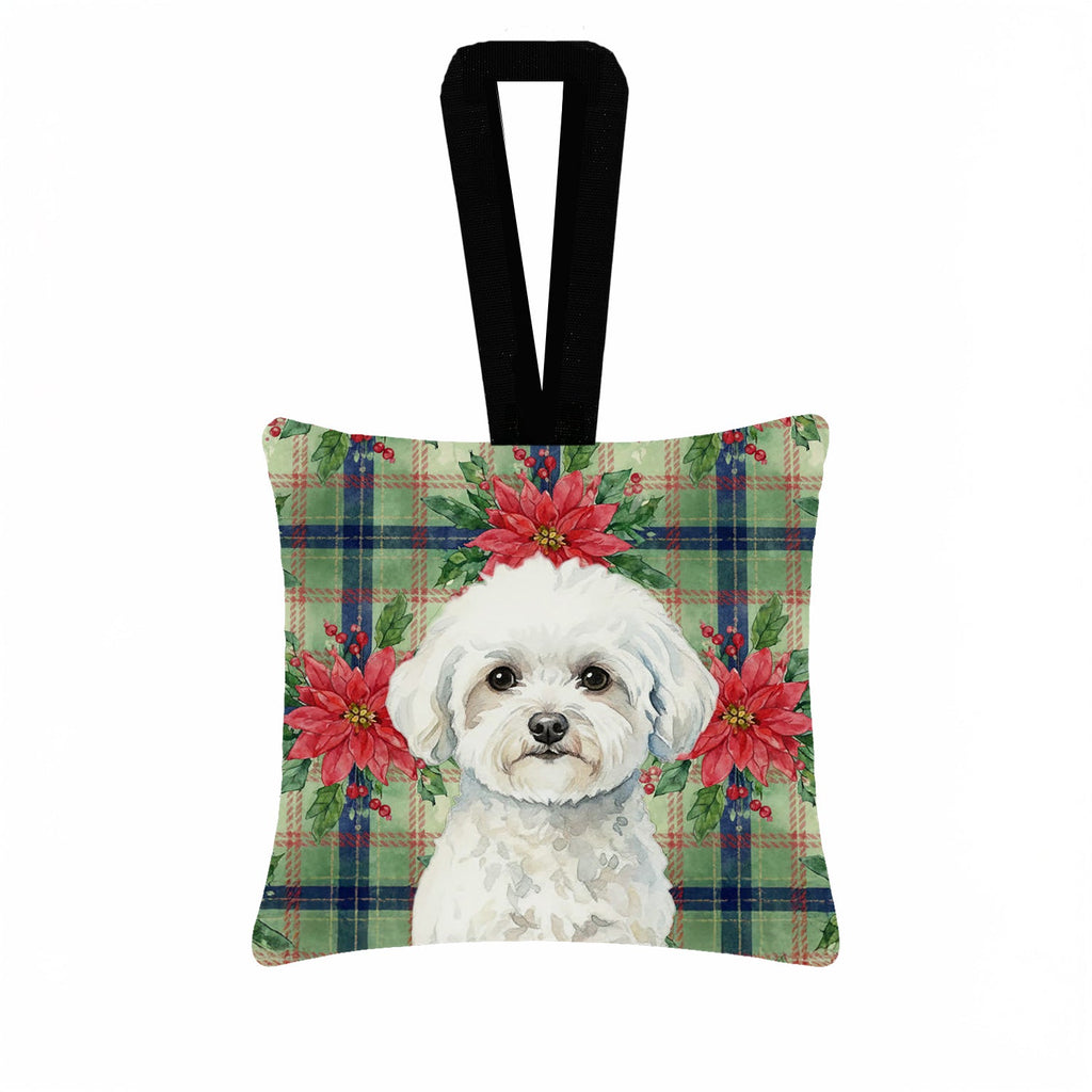 Bichon Frise Christmas PoinsettIas Hanging Square Fabric Ornament 3.5 � 3.5 Decorative Door-Knob & Tree Hanger, Soft Fabric