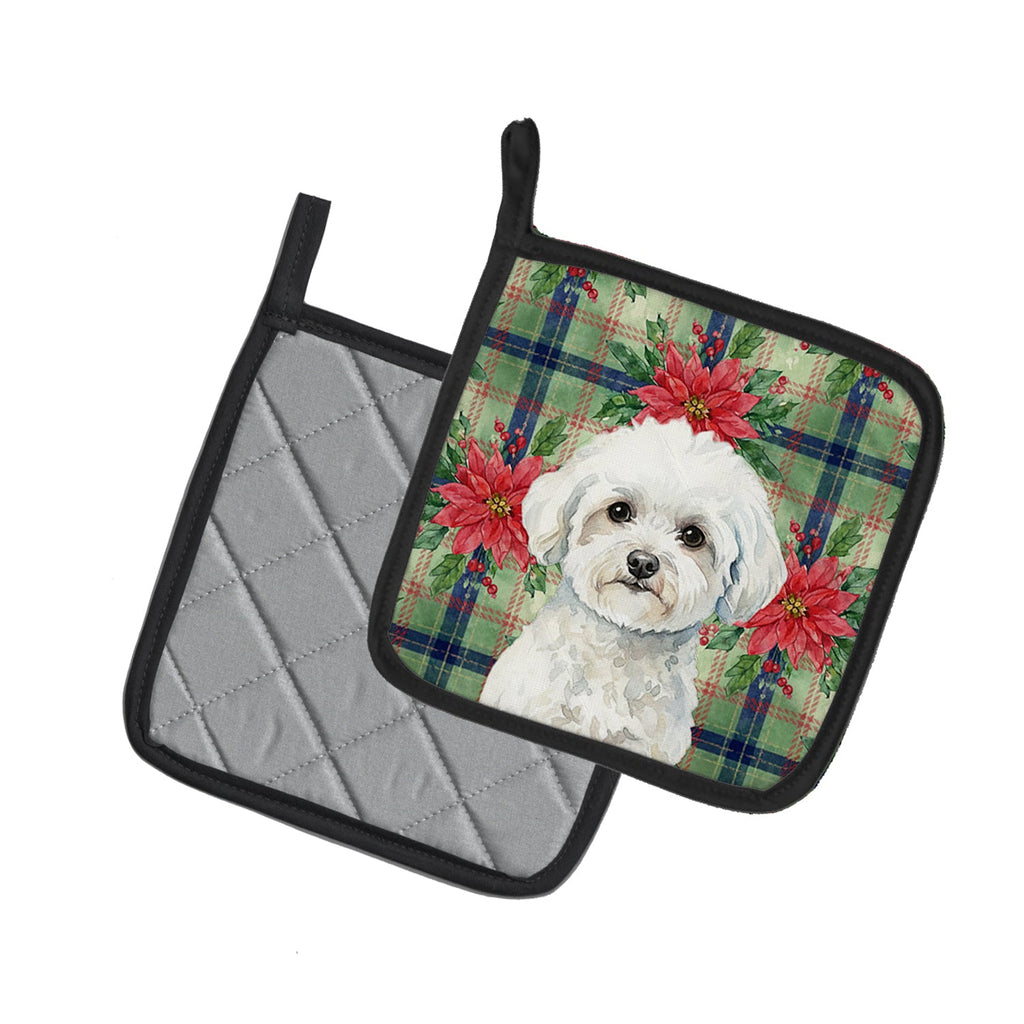Bichon Frise Christmas PoinsettIas Pot Holder Set of 2 Heat Resistant Quilted Hot Pads 7.5 x 7.5 Inch, Insulated Kitchen Trivets for Cooking & Baking
