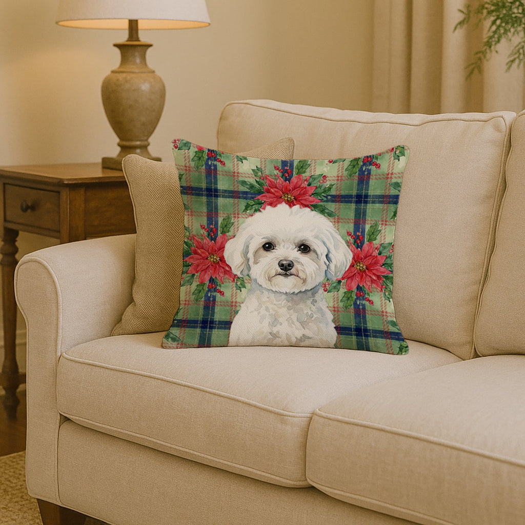 Bichon Frise Christmas PoinsettIas Decorative Throw Pillow 14x14 Indoor Outdoor Accent Cushion, Fabric Cover with Insert for Sofa, Bed, Porch & Living Room
