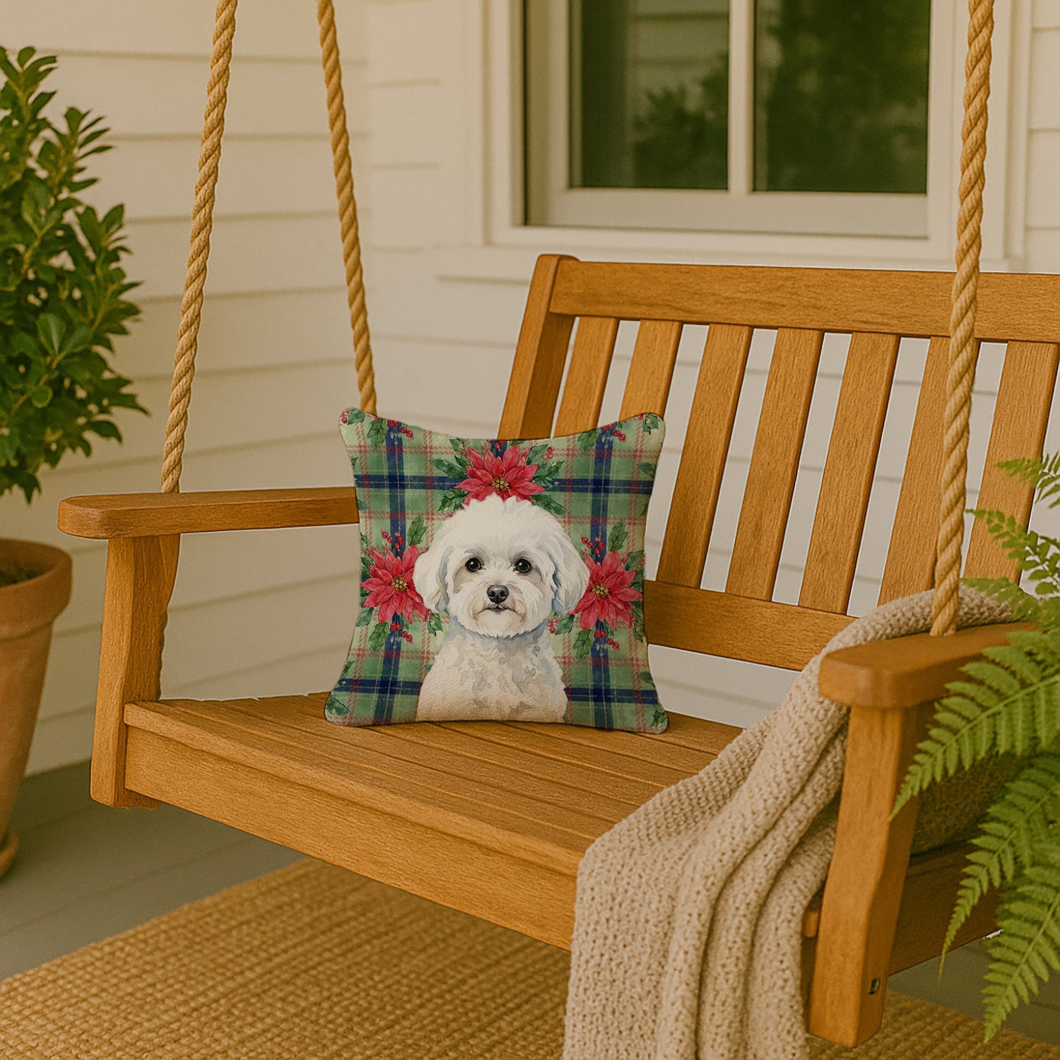 Bichon Frise Christmas PoinsettIas Decorative Throw Pillow 14x14 Indoor Outdoor Accent Cushion, Fabric Cover with Insert for Sofa, Bed, Porch & Living Room