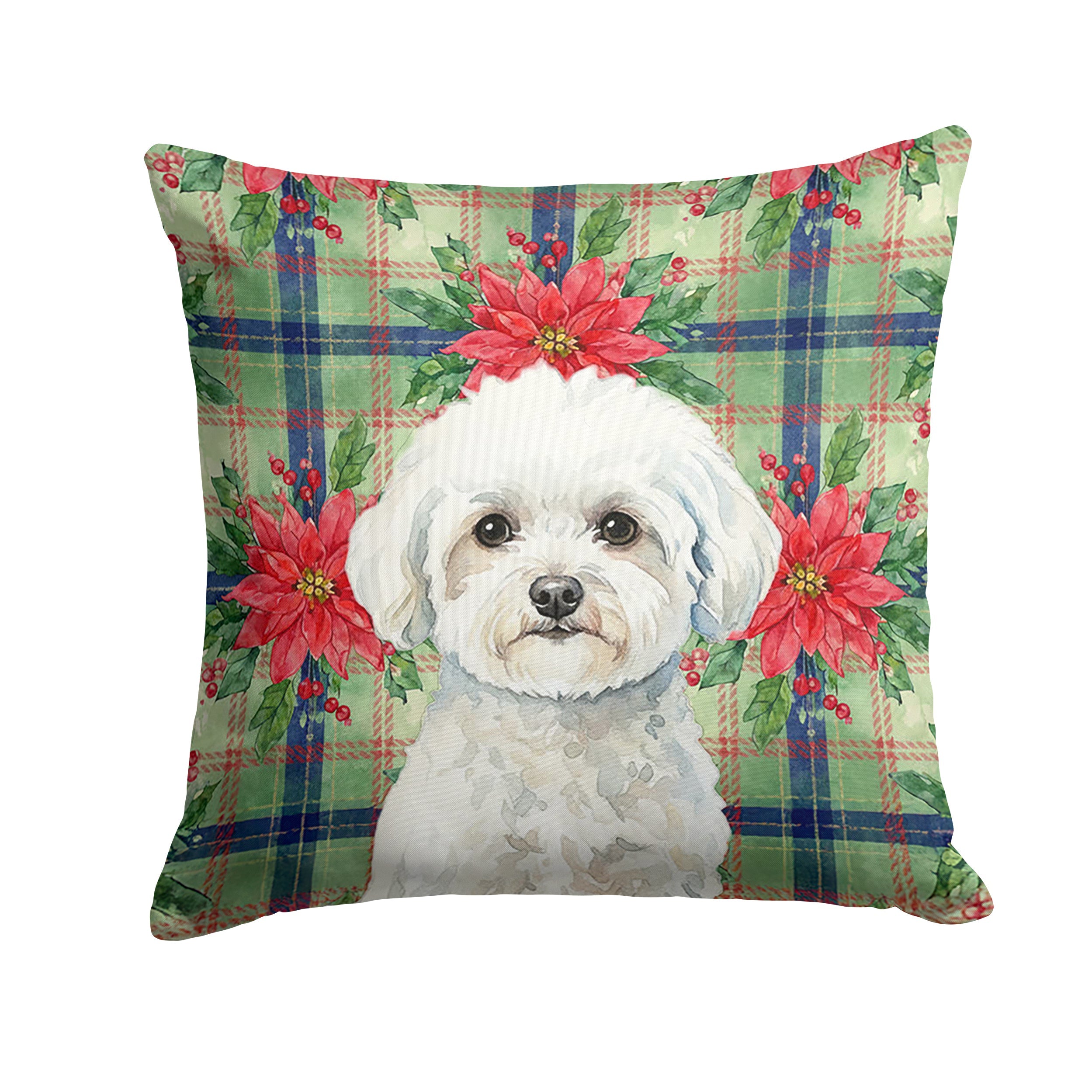 Bichon Frise Christmas PoinsettIas Decorative Throw Pillow 18x18 Indoor Outdoor Accent Cushion, Fabric Cover with Insert for Sofa, Bed, Porch & Living Room