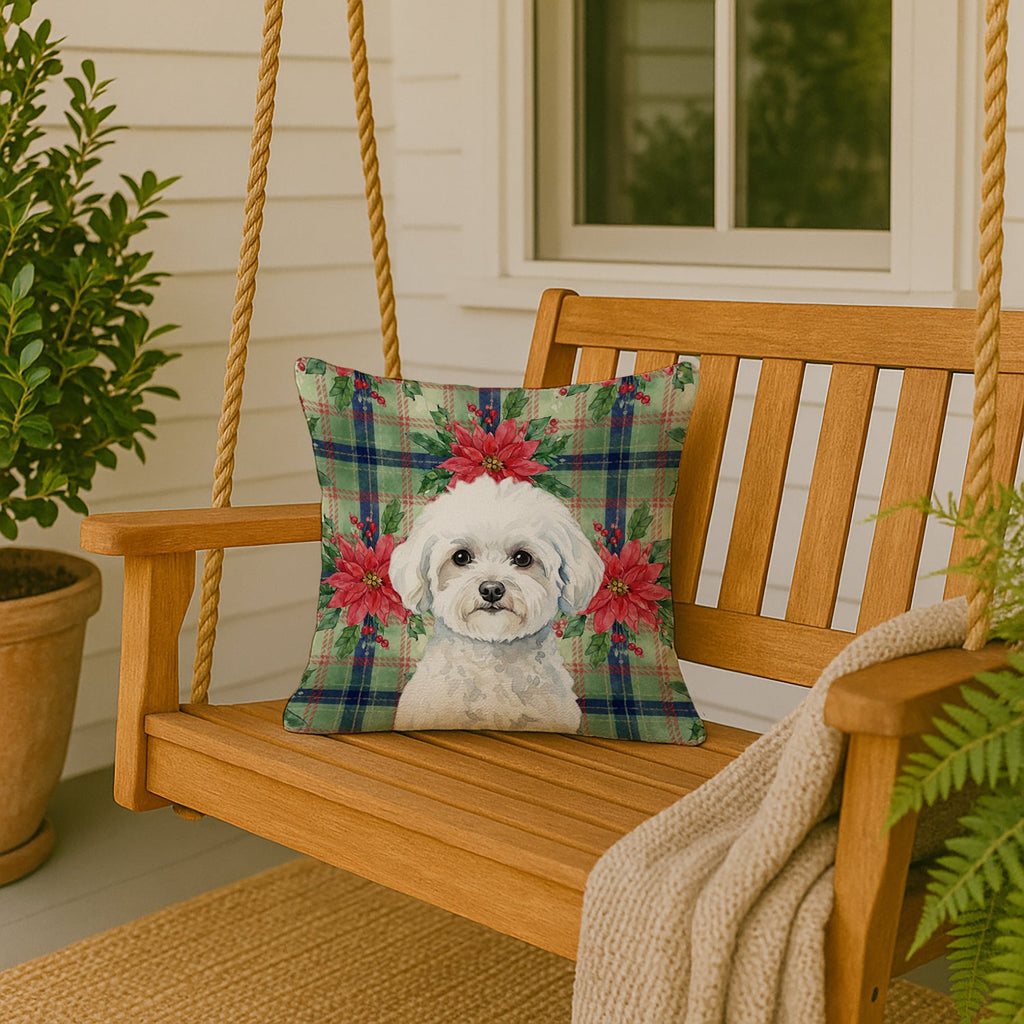Bichon Frise Christmas PoinsettIas Decorative Throw Pillow 18x18 Indoor Outdoor Accent Cushion, Fabric Cover with Insert for Sofa, Bed, Porch & Living Room