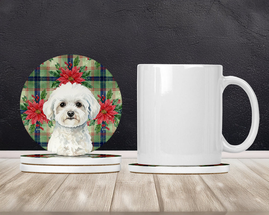 Bichon Frise Christmas PoinsettIas Large Sandstone Coasters Pack of 4 Absorbent Round Coasters Decor Gifts for Men or Women, 4 in, Multicolor
