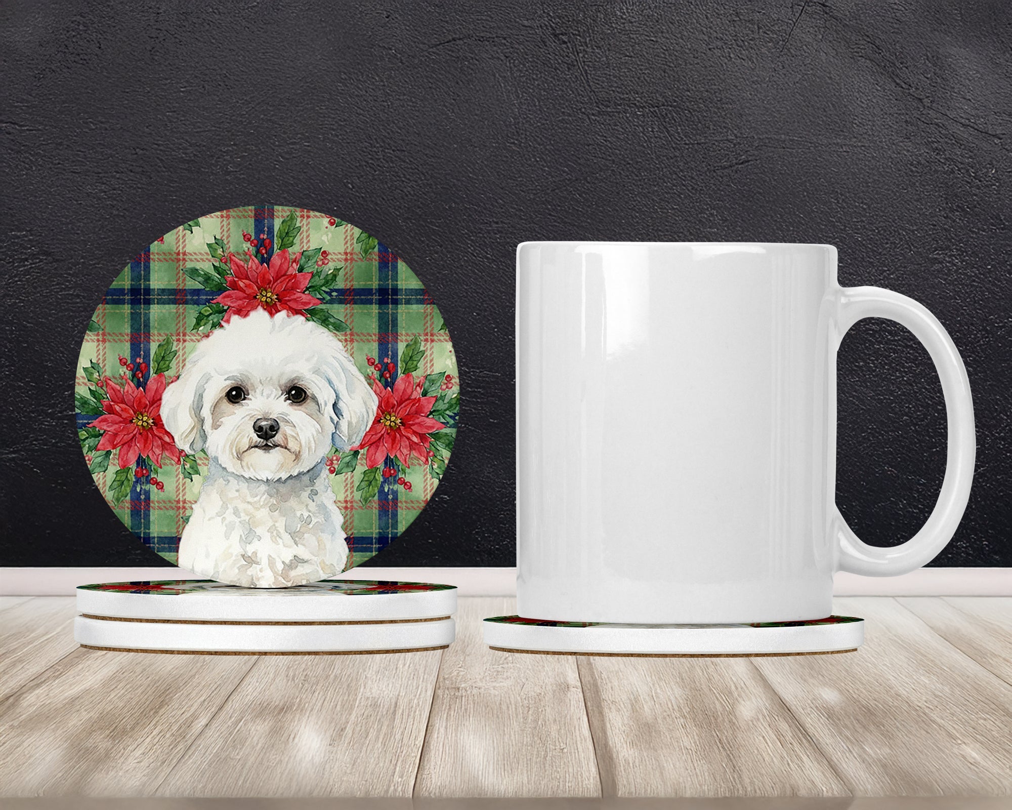 Bichon Frise Christmas PoinsettIas Large Sandstone Coasters Pack of 4 Absorbent Round Coasters Decor Gifts for Men or Women, 4 in, Multicolor