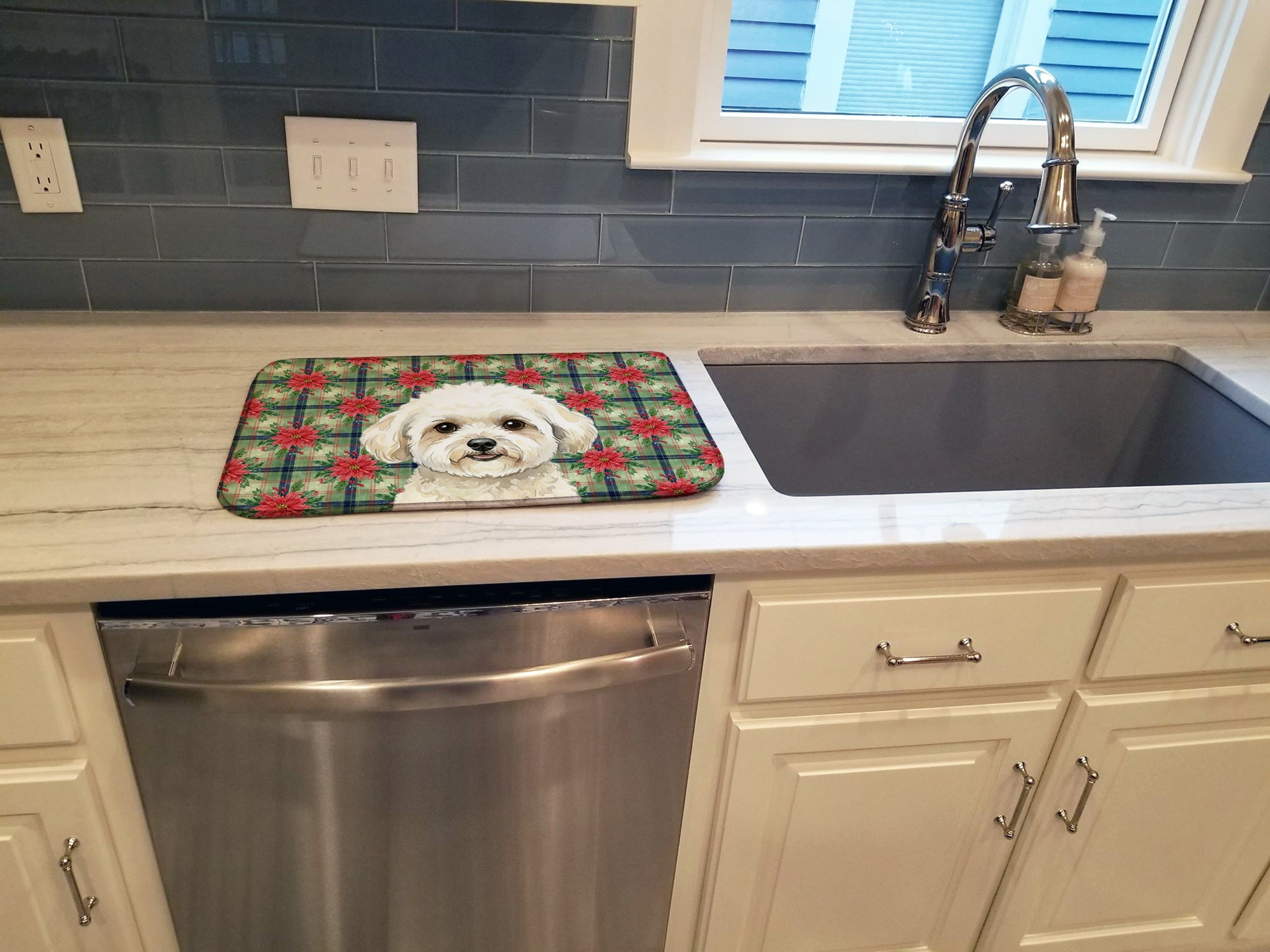White and Cream Bichon Frise Christmas PoinsettIas Dish Drying Mat Absorbent Dish Drying Mat Pad for Kitchen Counter Dish Drainer Mat for Countertop, 14 x 21", Multicolor