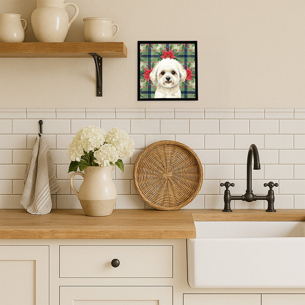 White and Cream Bichon Frise Christmas PoinsettIas Framed Metal Print Bathroom, Kitchen, Office, Home Decor Wall Art Ready to Hang, Square, 8X8