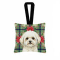 White and Cream Bichon Frise Christmas PoinsettIas Hanging Square Fabric Ornament 3.5 � 3.5 Decorative Door-Knob & Tree Hanger, Soft Fabric