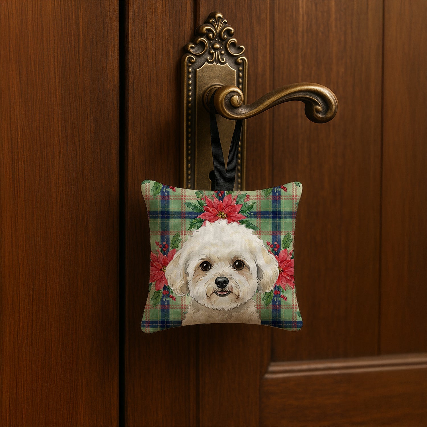 White and Cream Bichon Frise Christmas PoinsettIas Hanging Square Fabric Ornament 3.5 � 3.5 Decorative Door-Knob & Tree Hanger, Soft Fabric