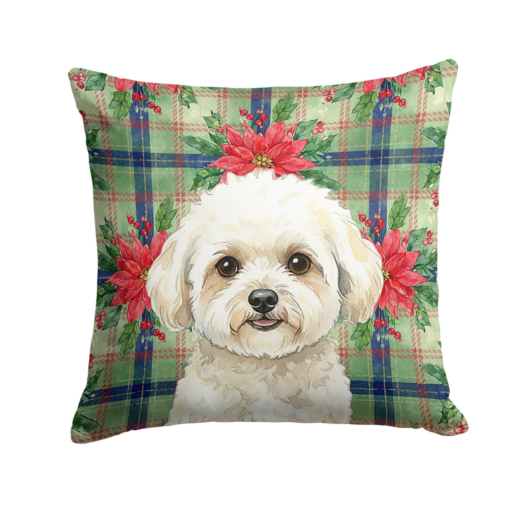 White and Cream Bichon Frise Christmas PoinsettIas Decorative Throw Pillow 18x18 Indoor Outdoor Accent Cushion, Fabric Cover with Insert for Sofa, Bed, Porch & Living Room
