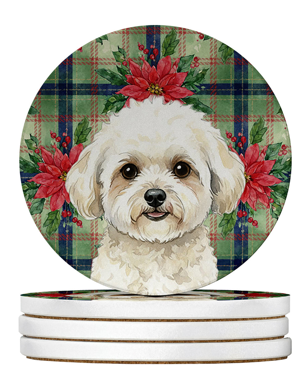 White and Cream Bichon Frise Christmas PoinsettIas Large Sandstone Coasters Pack of 4 Absorbent Round Coasters Decor Gifts for Men or Women, 4 in, Multicolor