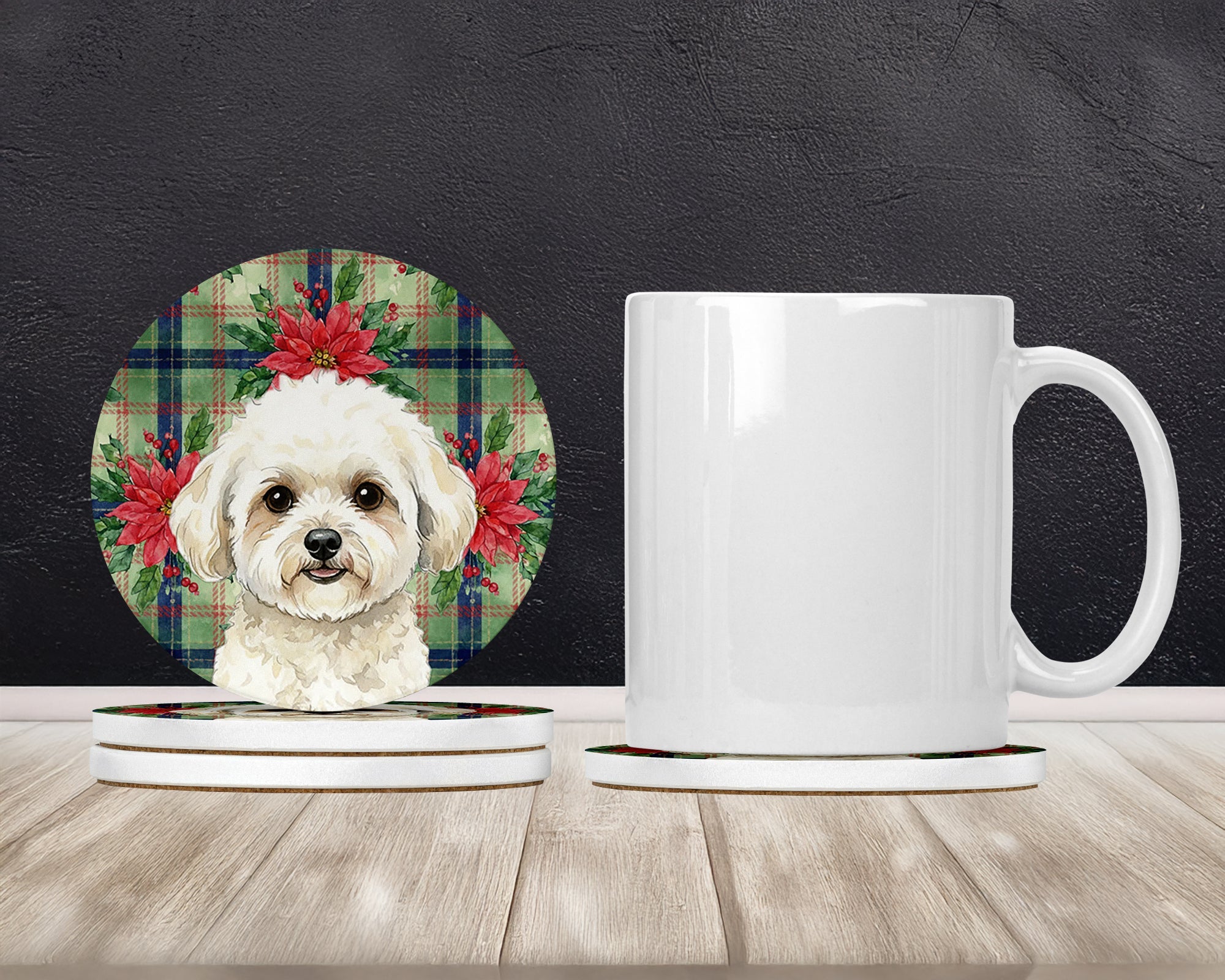 White and Cream Bichon Frise Christmas PoinsettIas Large Sandstone Coasters Pack of 4 Absorbent Round Coasters Decor Gifts for Men or Women, 4 in, Multicolor