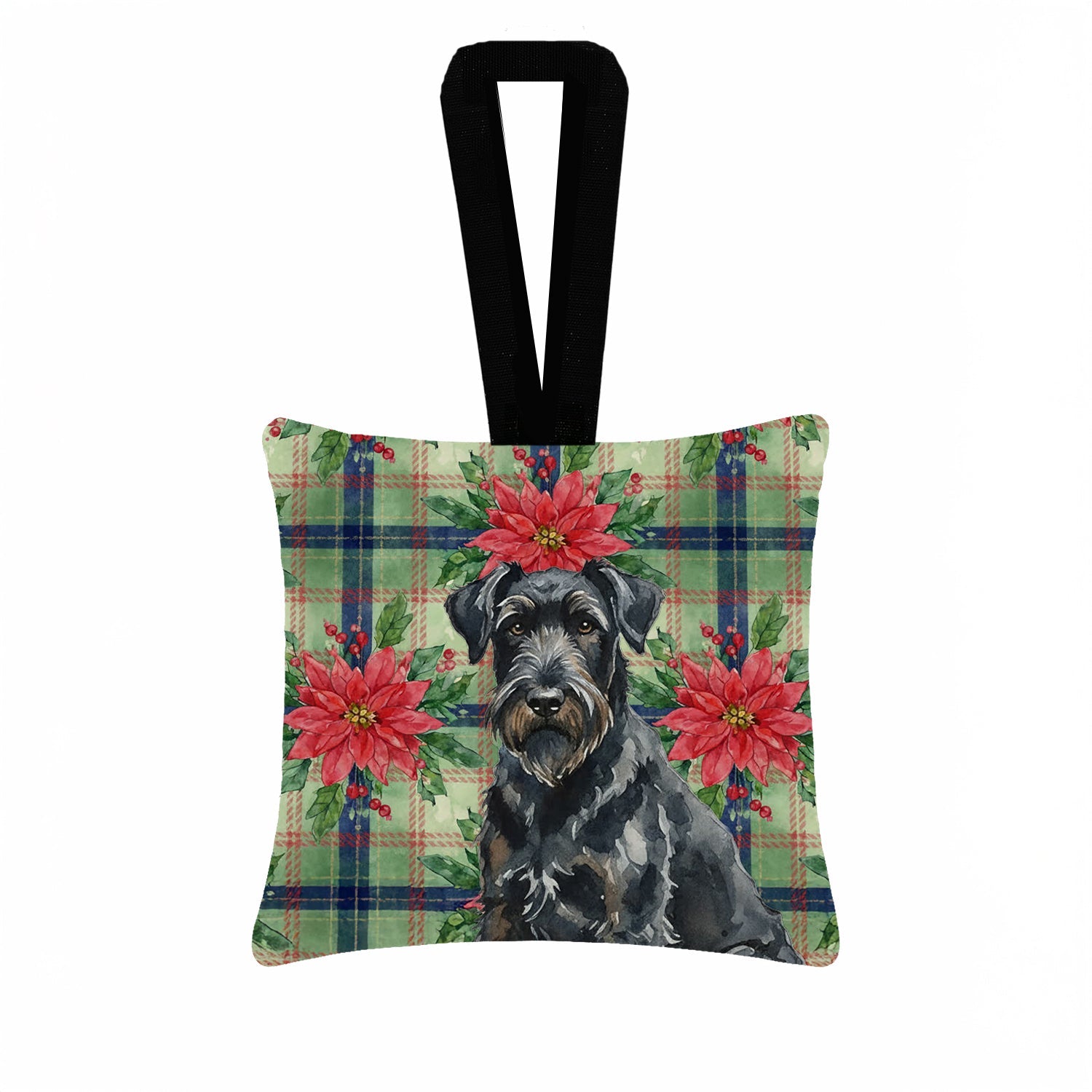 Black Russian Terrier Christmas PoinsettIas Hanging Square Fabric Ornament 3.5 � 3.5 Decorative Door-Knob & Tree Hanger, Soft Fabric