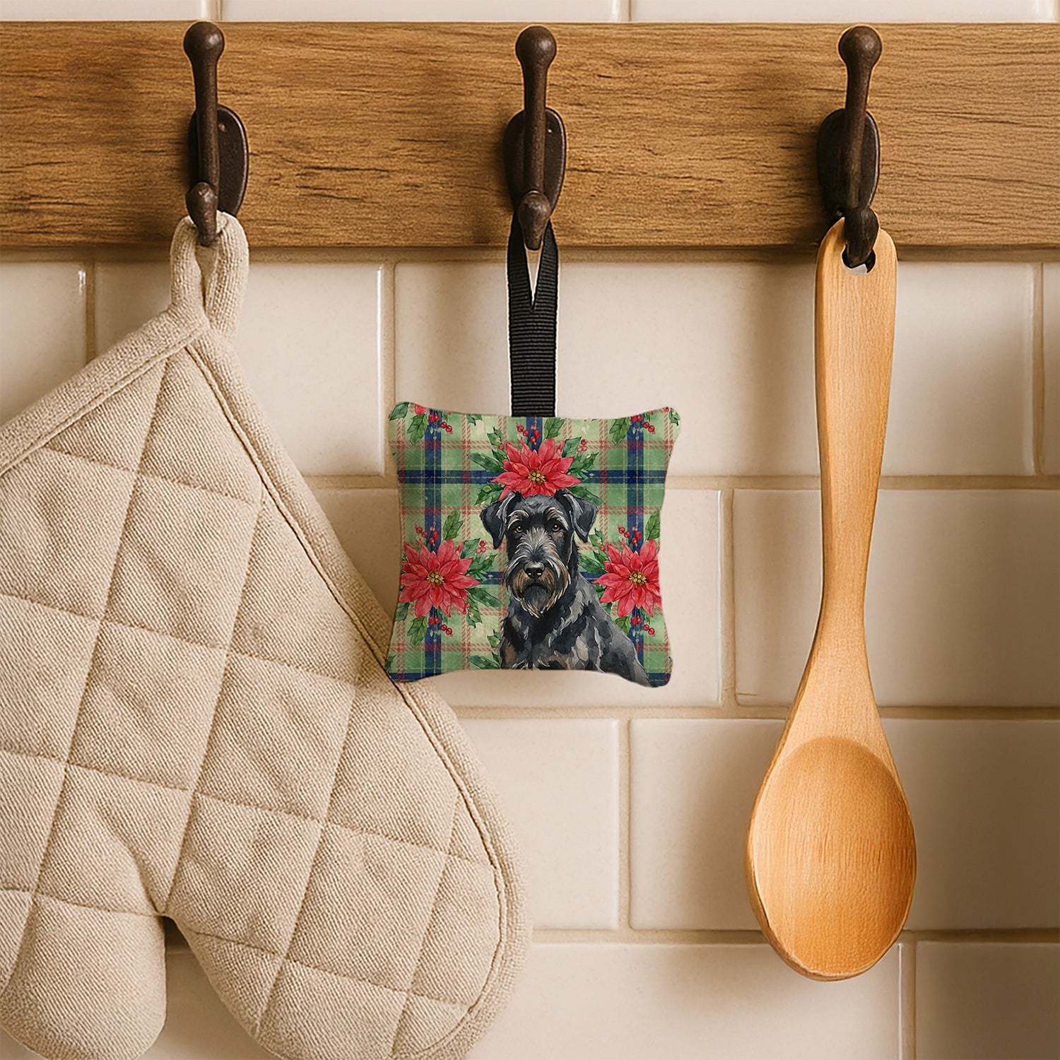 Black Russian Terrier Christmas PoinsettIas Hanging Square Fabric Ornament 3.5 � 3.5 Decorative Door-Knob & Tree Hanger, Soft Fabric