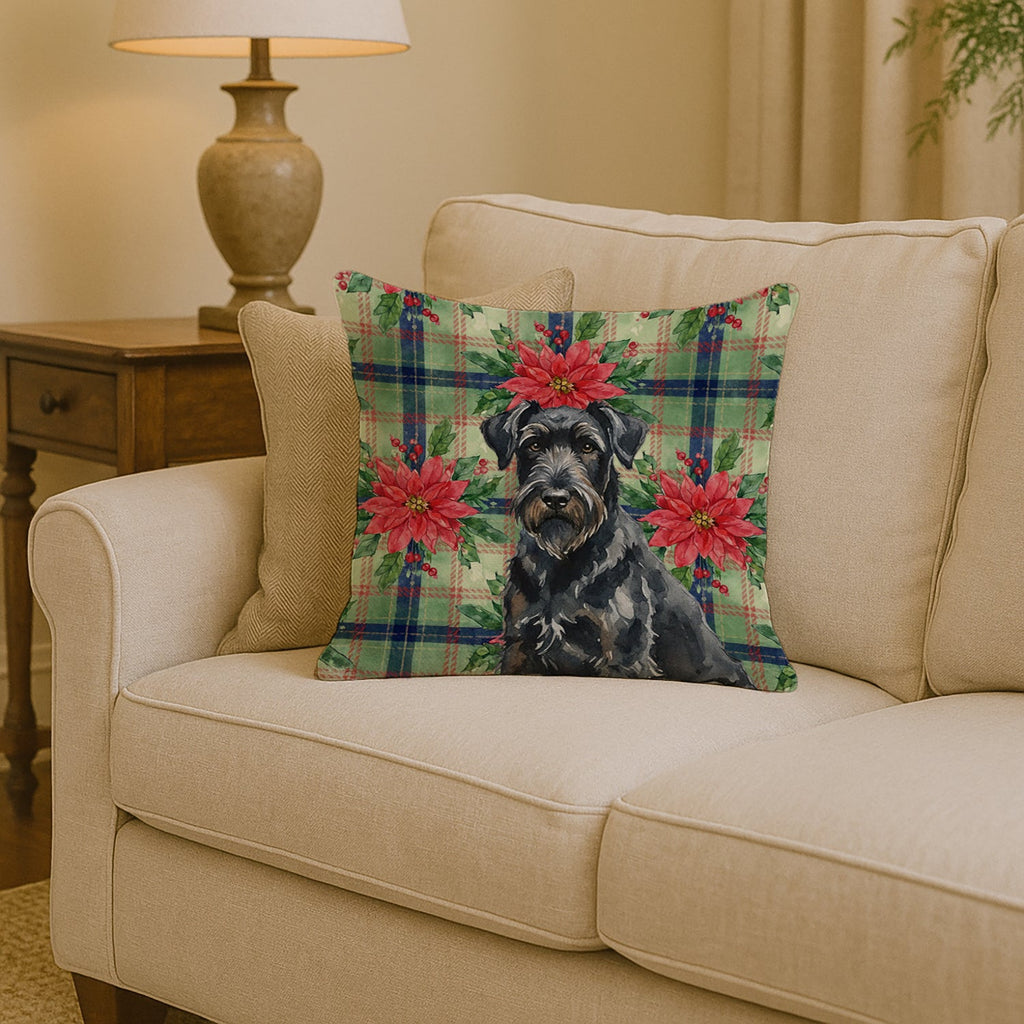 Black Russian Terrier Christmas PoinsettIas Decorative Throw Pillow 14x14 Indoor Outdoor Accent Cushion, Fabric Cover with Insert for Sofa, Bed, Porch & Living Room