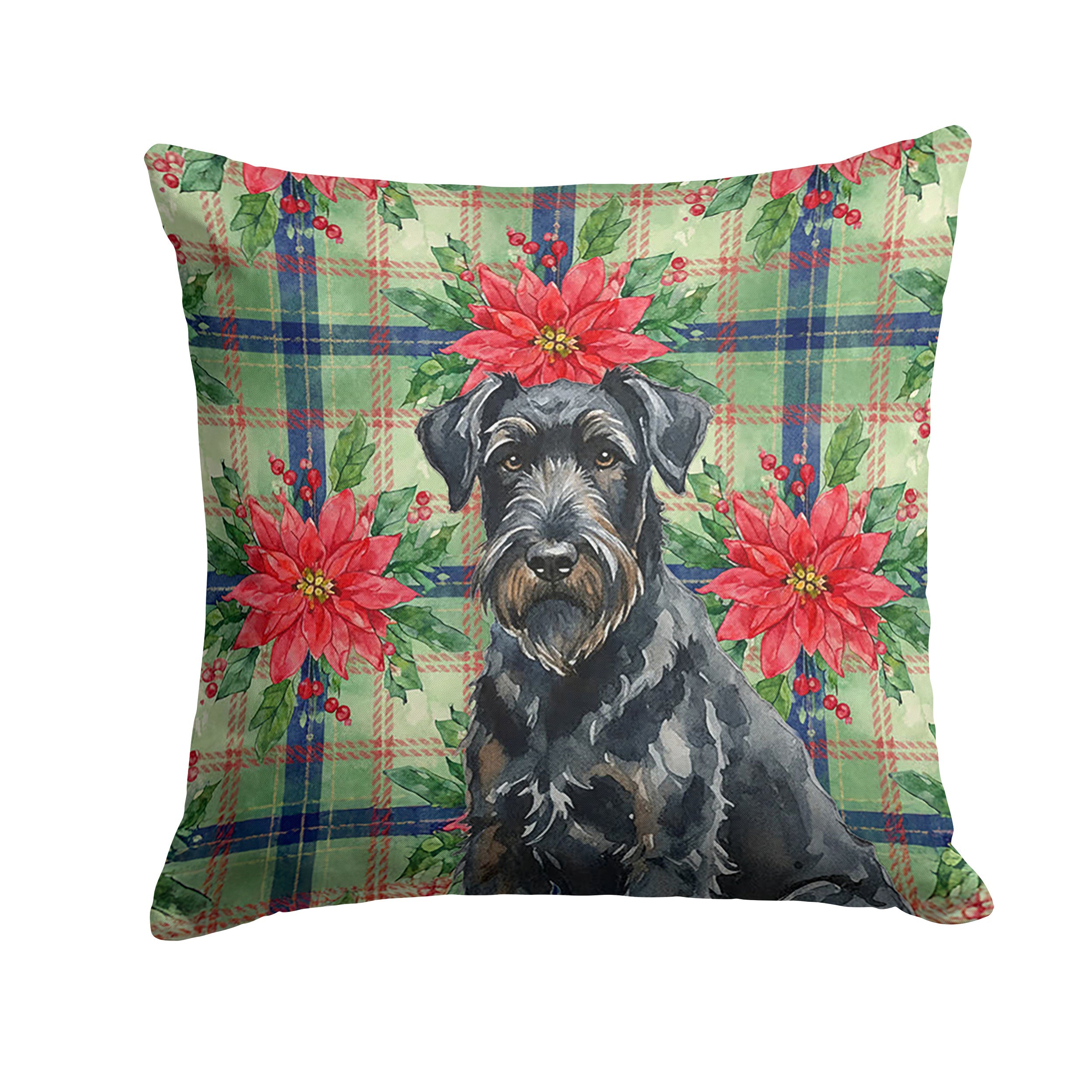 Black Russian Terrier Christmas PoinsettIas Decorative Throw Pillow 18x18 Indoor Outdoor Accent Cushion, Fabric Cover with Insert for Sofa, Bed, Porch & Living Room