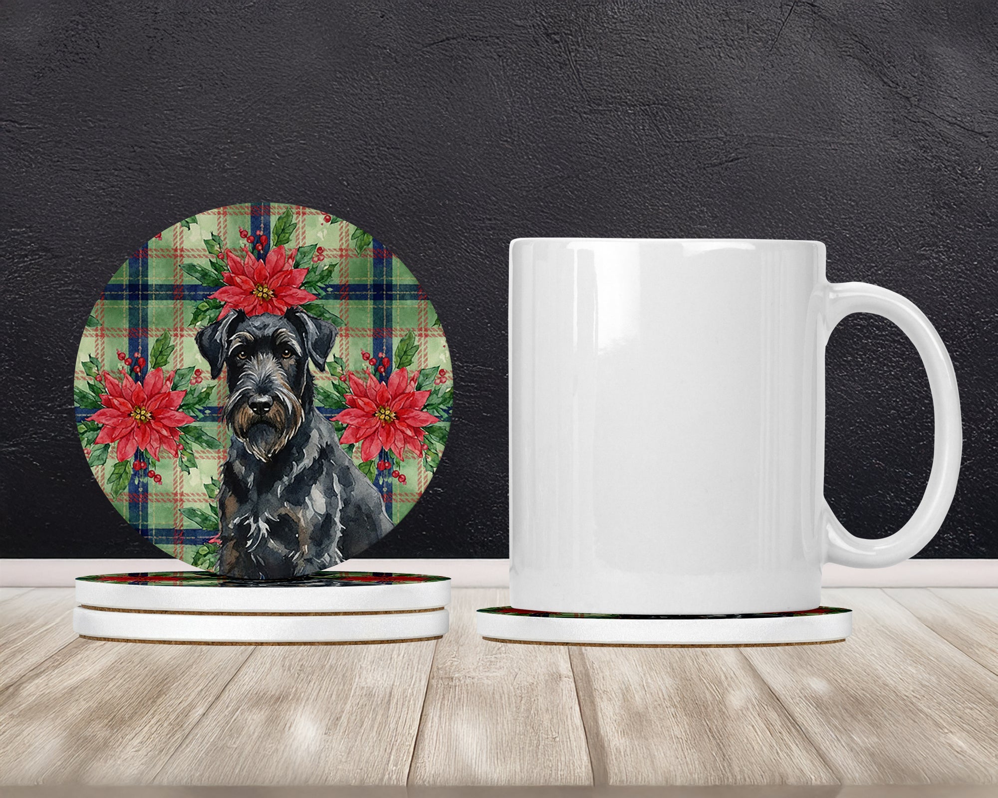 Black Russian Terrier Christmas PoinsettIas Large Sandstone Coasters Pack of 4 Absorbent Round Coasters Decor Gifts for Men or Women, 4 in, Multicolor