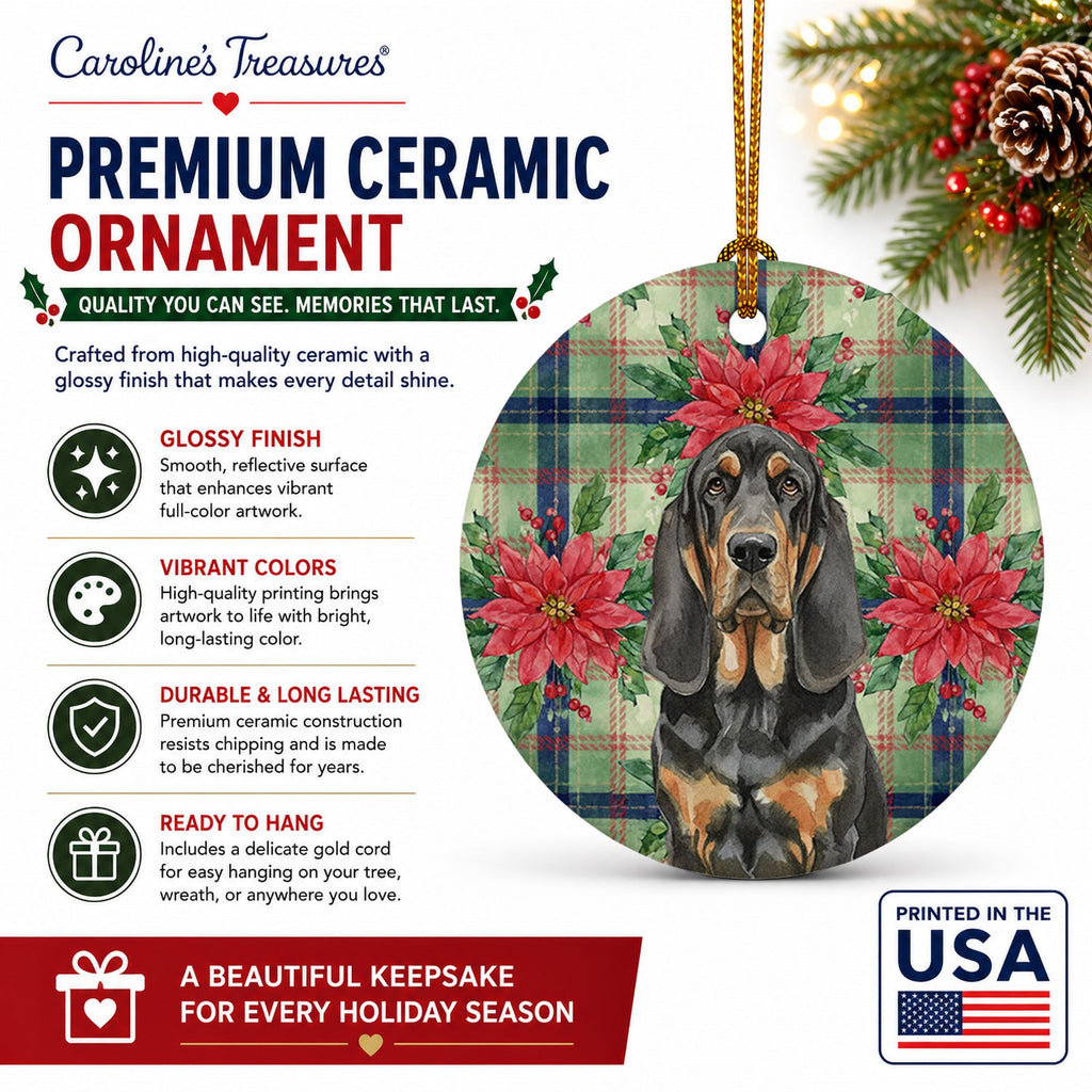 Black and Tan Bloodhound Christmas PoinsettIas Ceramic Ornament Christmas Tree Hanging Decorations for Home Christmas Holiday, Party, Gift, 3 in, Multicolor