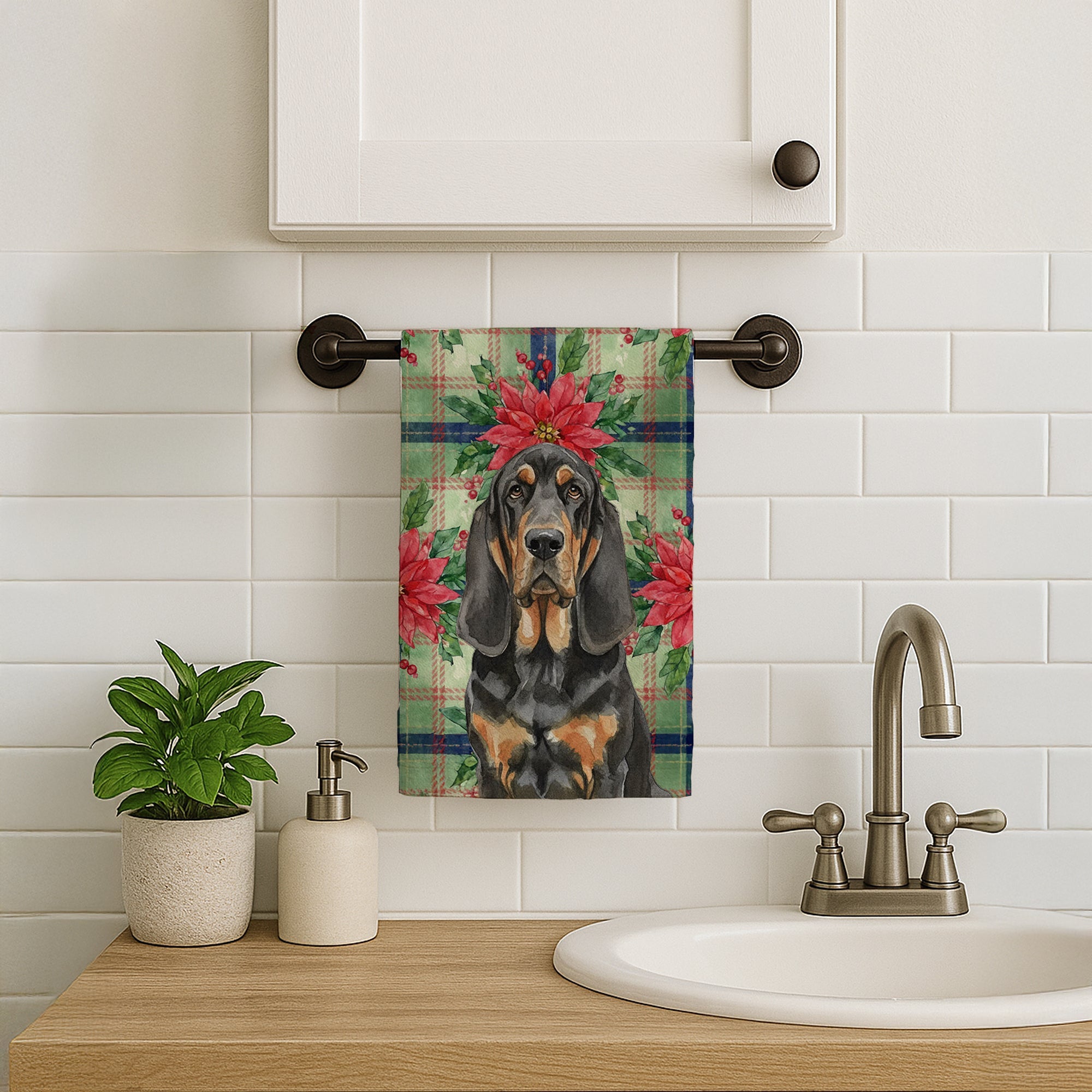 Black and Tan Bloodhound Christmas PoinsettIas Kitchen Towel Velour Plush Front and Cotton Loop Back Machine Washable