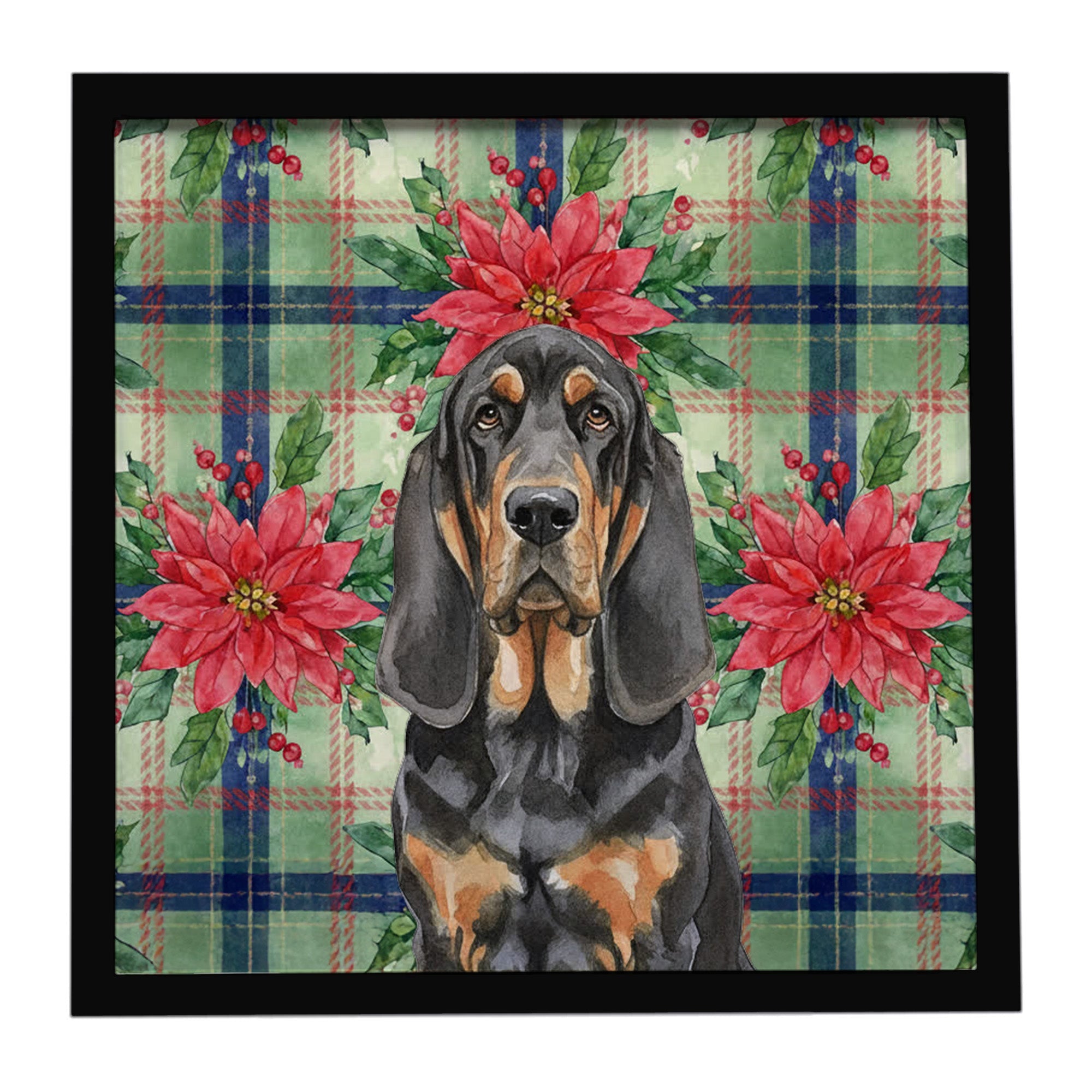 Black and Tan Bloodhound Christmas PoinsettIas Framed Metal Print Bathroom, Kitchen, Office, Home Decor Wall Art Ready to Hang, Square, 8X8