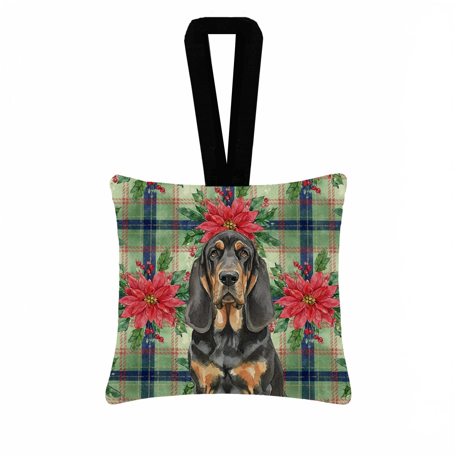 Black and Tan Bloodhound Christmas PoinsettIas Hanging Square Fabric Ornament 3.5 � 3.5 Decorative Door-Knob & Tree Hanger, Soft Fabric