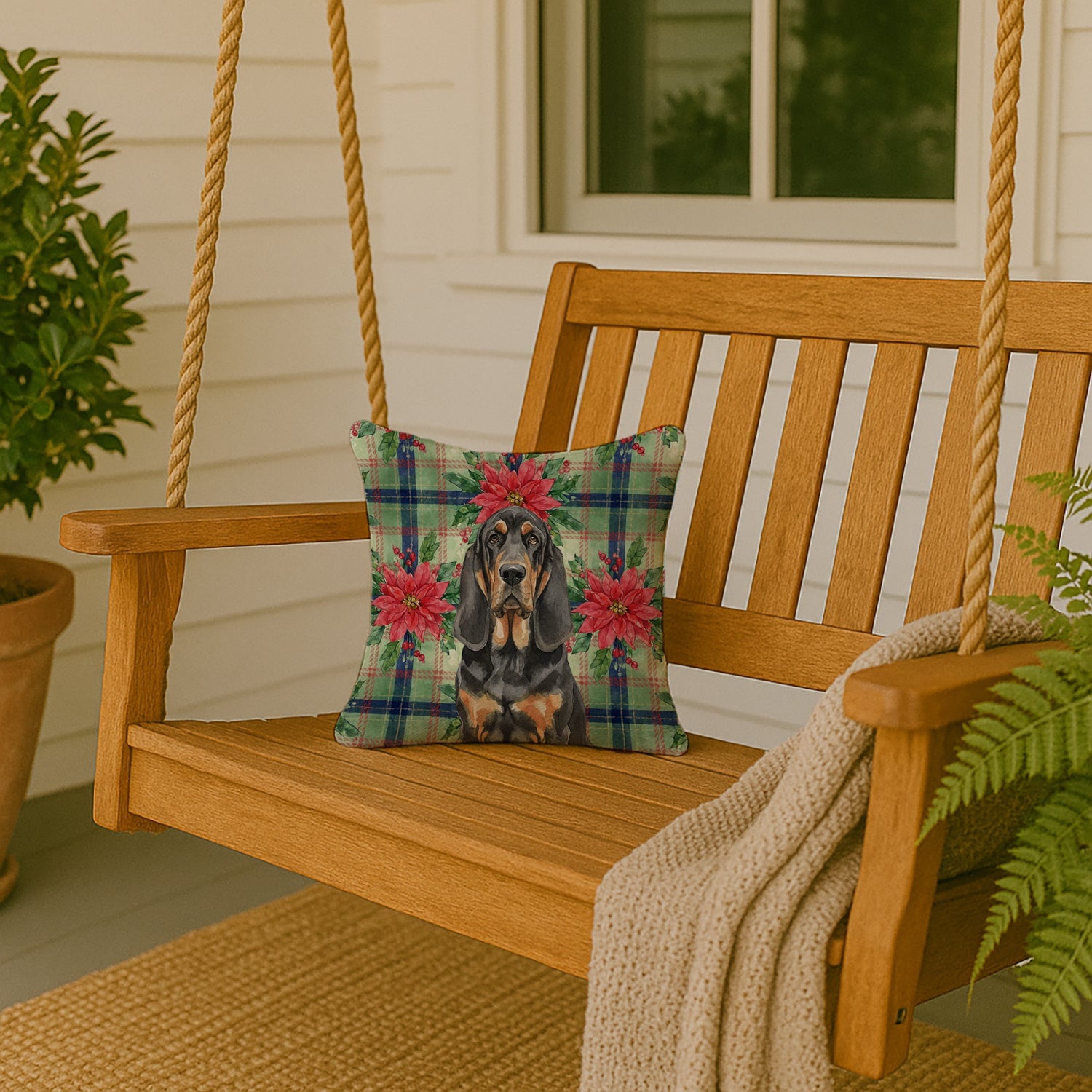 Black and Tan Bloodhound Christmas PoinsettIas Decorative Throw Pillow 14x14 Indoor Outdoor Accent Cushion, Fabric Cover with Insert for Sofa, Bed, Porch & Living Room
