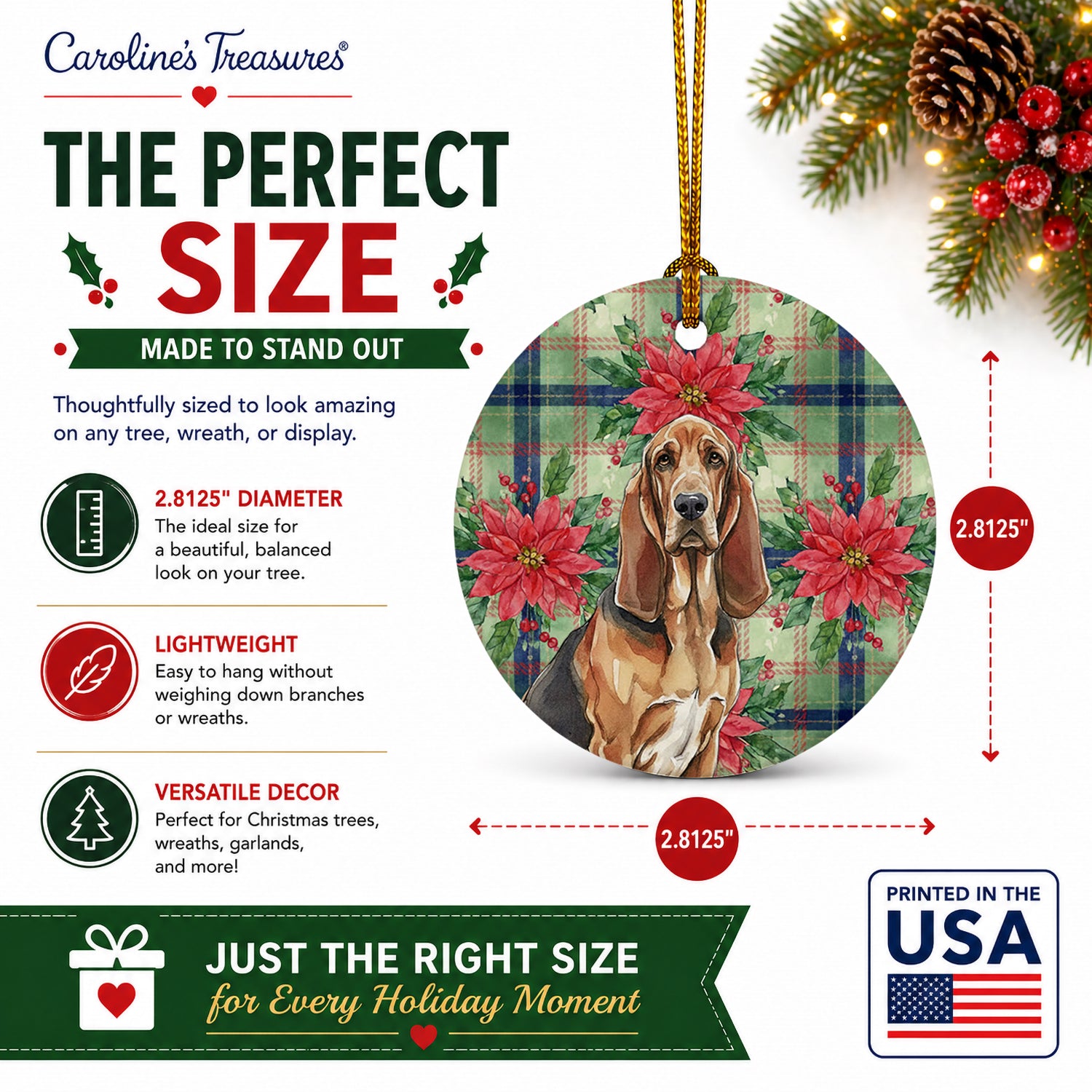 Liver and Tan Bloodhound Christmas PoinsettIas Ceramic Ornament Christmas Tree Hanging Decorations for Home Christmas Holiday, Party, Gift, 3 in, Multicolor