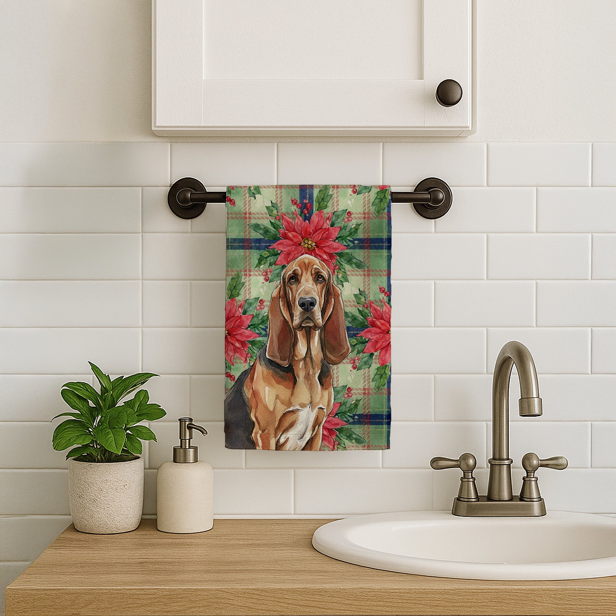 Liver and Tan Bloodhound Christmas PoinsettIas Kitchen Towel Velour Plush Front and Cotton Loop Back Machine Washable