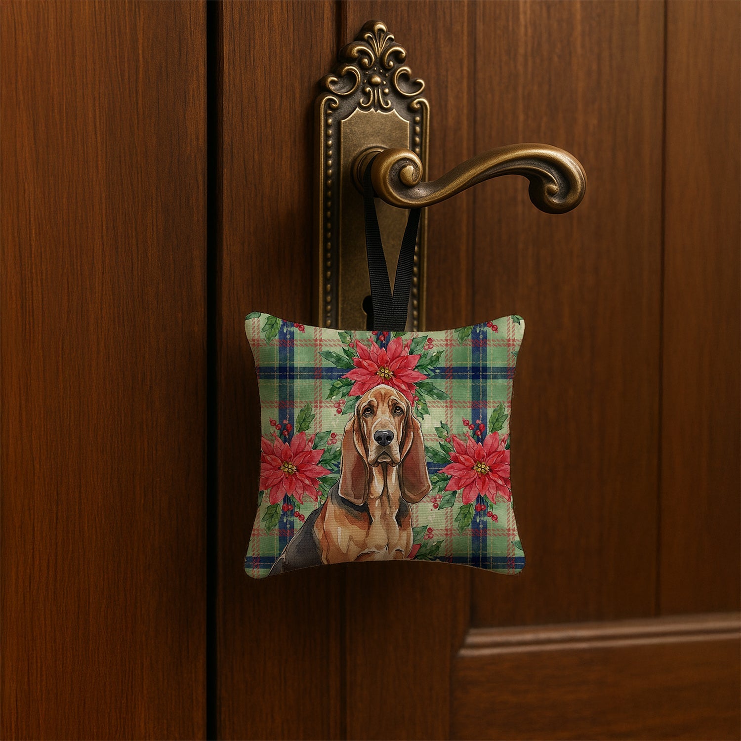 Liver and Tan Bloodhound Christmas PoinsettIas Hanging Square Fabric Ornament 3.5 � 3.5 Decorative Door-Knob & Tree Hanger, Soft Fabric